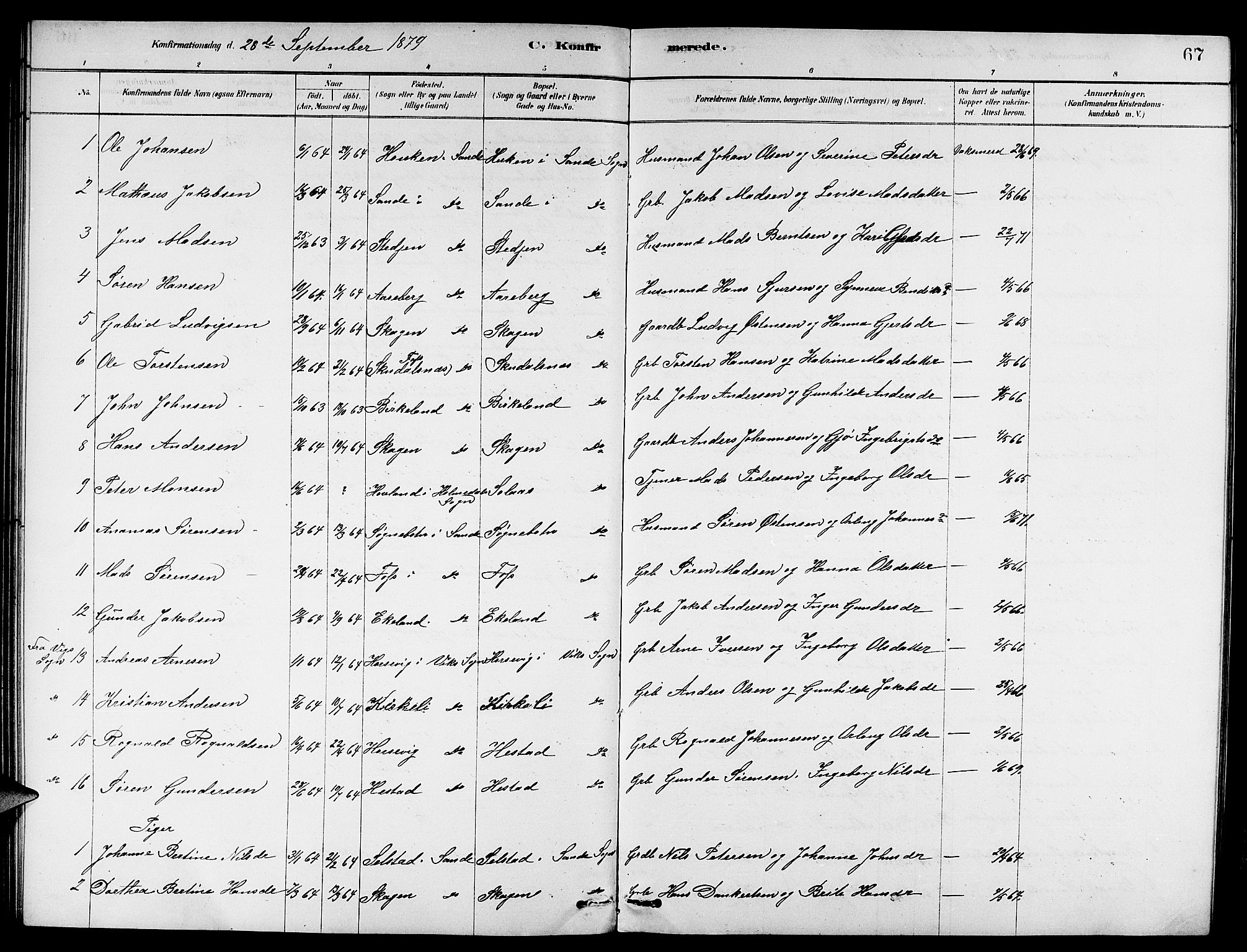 Gaular sokneprestembete, SAB/A-80001/H/Hab: Parish register (copy) no. A 3, 1878-1888, p. 67