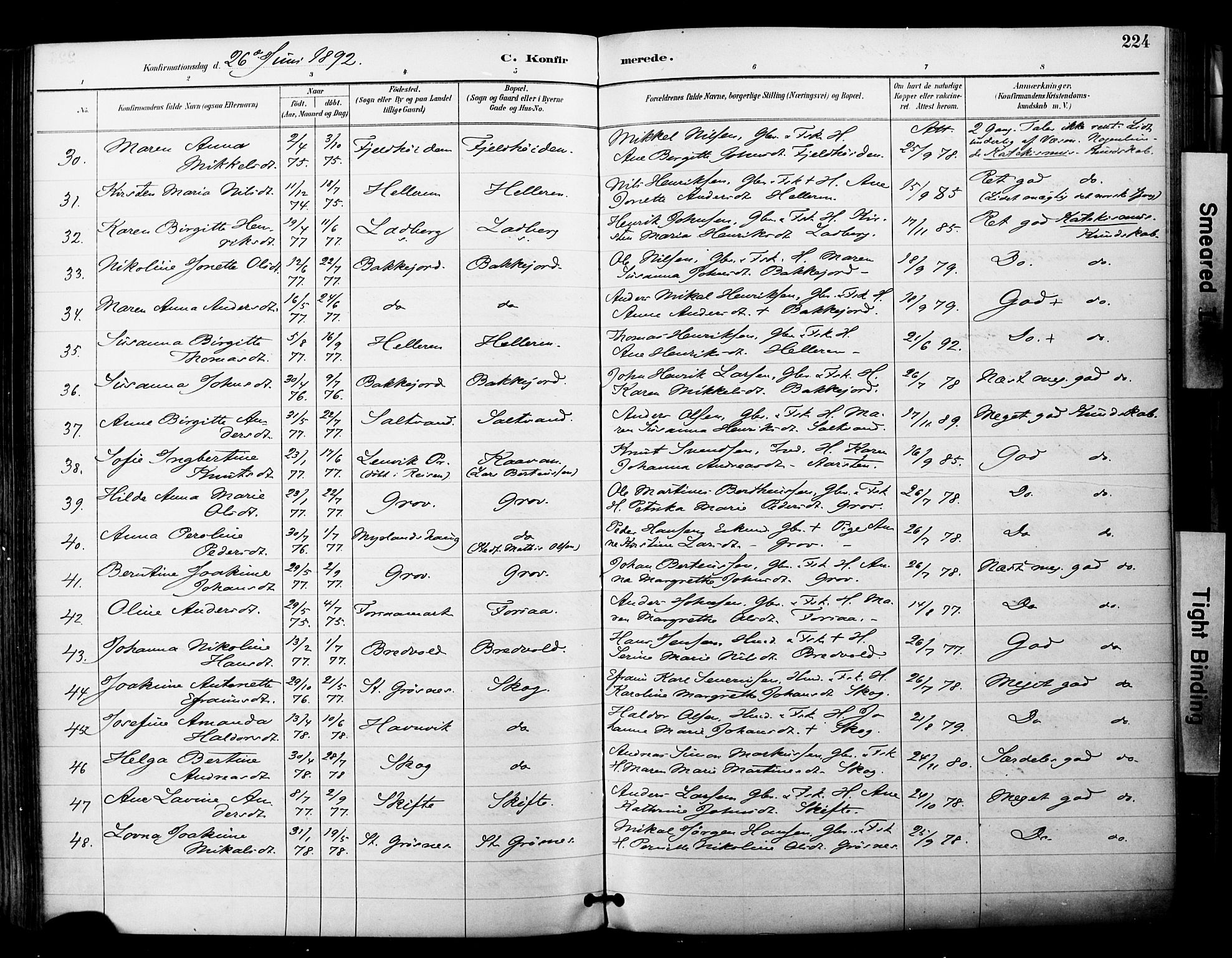 Ibestad sokneprestembete, SATØ/S-0077/H/Ha/Haa/L0012kirke: Parish register (official) no. 12, 1890-1900, p. 224