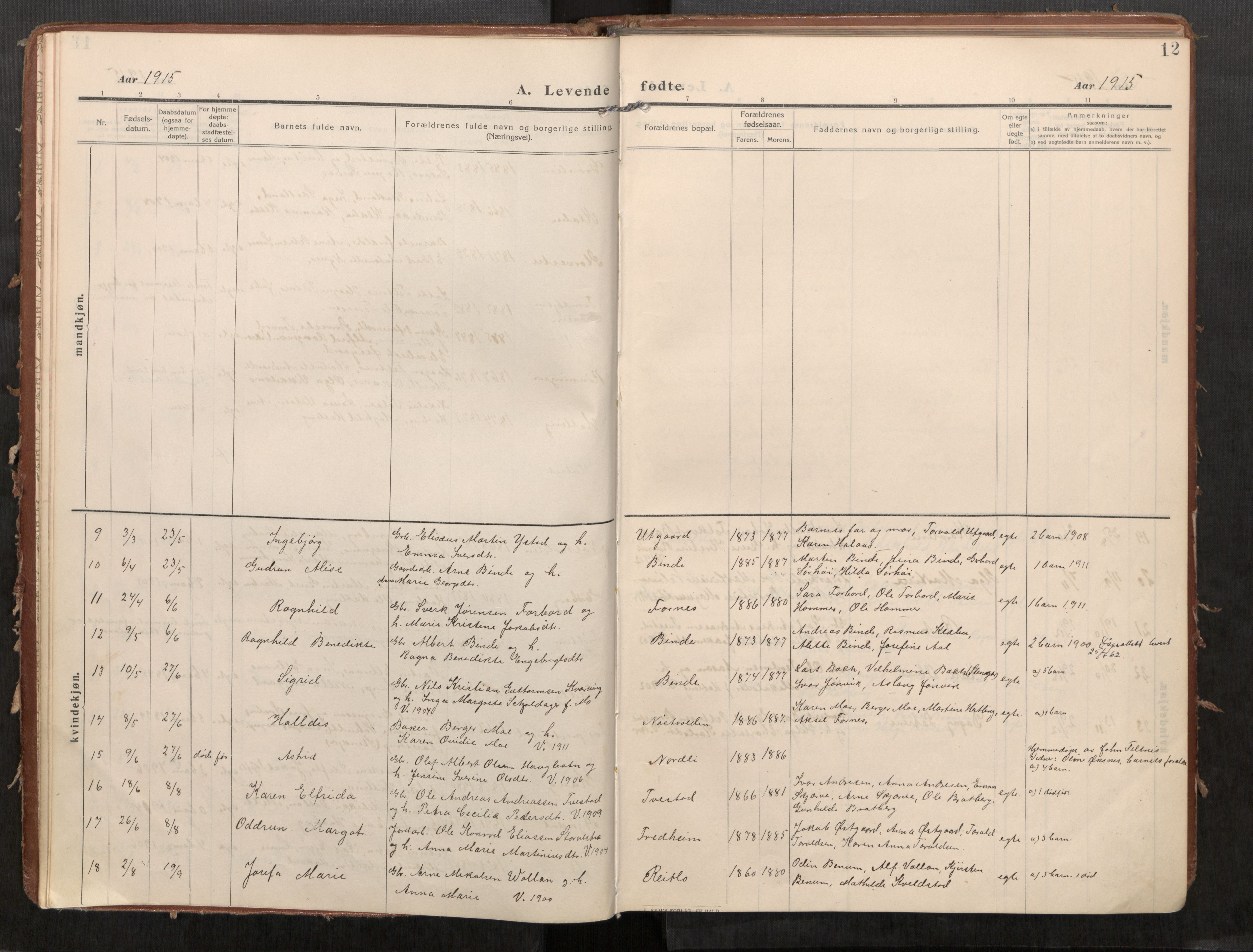 Stod sokneprestkontor, AV/SAT-A-1164/1/I/I1/I1a/L0002: Parish register (official) no. 2, 1909-1922, p. 12