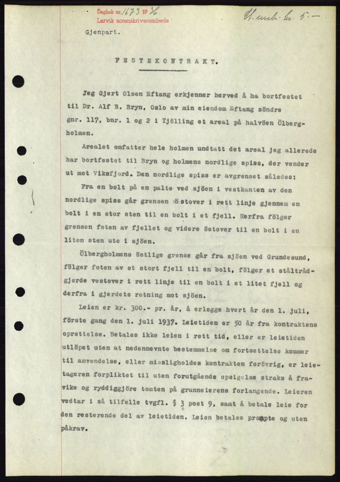 Larvik sorenskriveri, SAKO/A-83/G/Ga/Gab/L0067: Mortgage book no. A-1, 1936-1937, Diary no: : 1673/1936