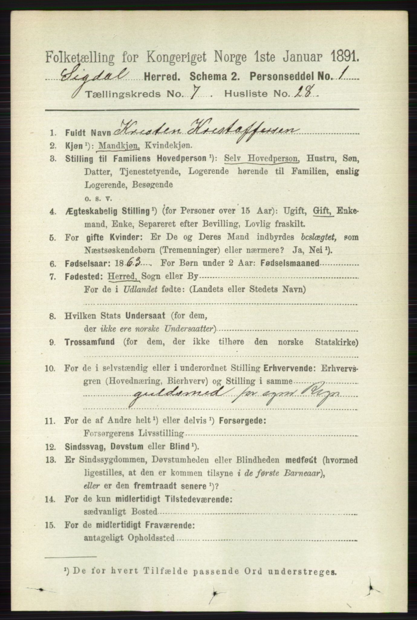 RA, 1891 census for 0621 Sigdal, 1891, p. 2873