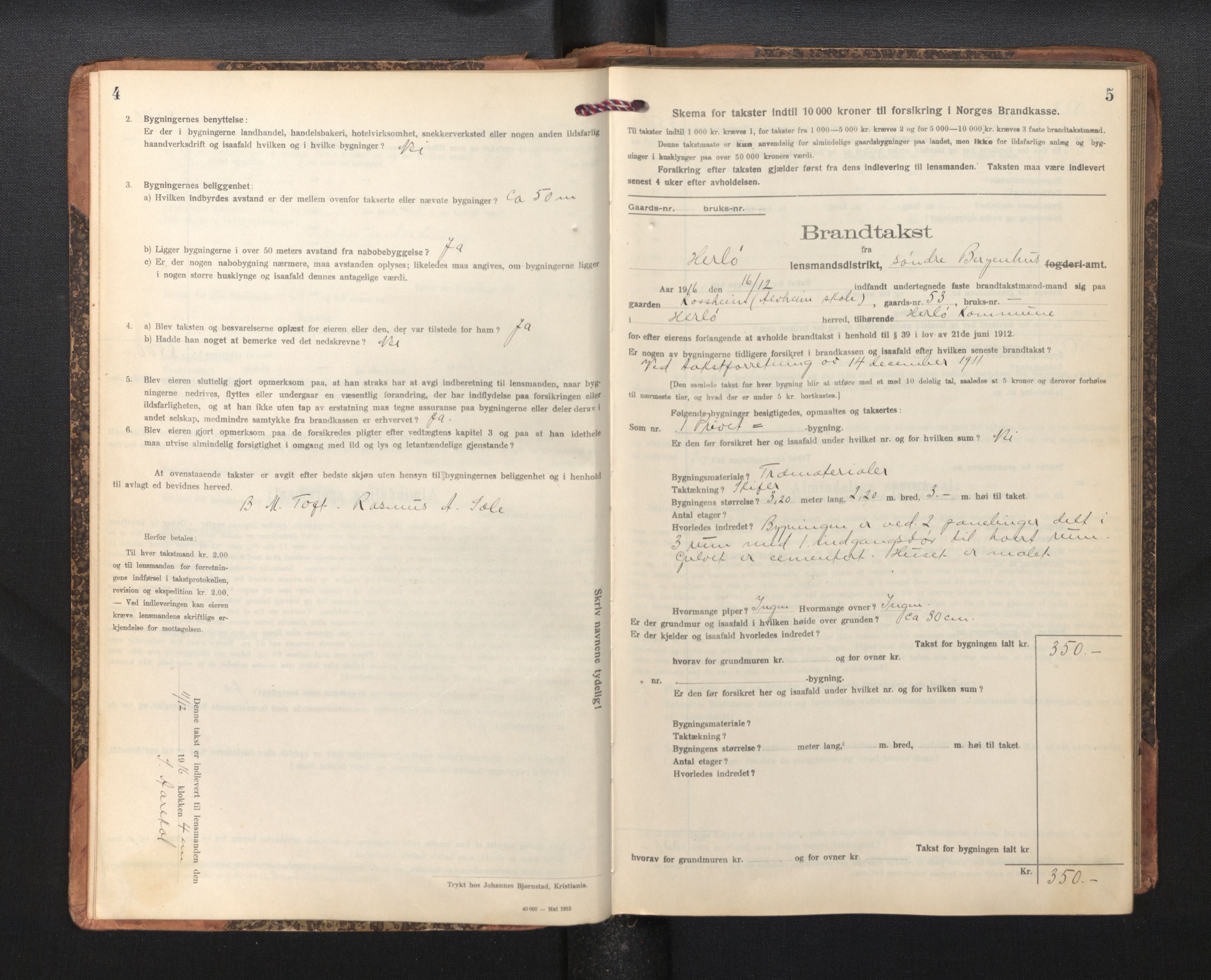 Lensmannen i Herdla, SAB/A-32901/0012/L0004:  Branntakstprotokoll skjematakst, 1916-1954, p. 4-5