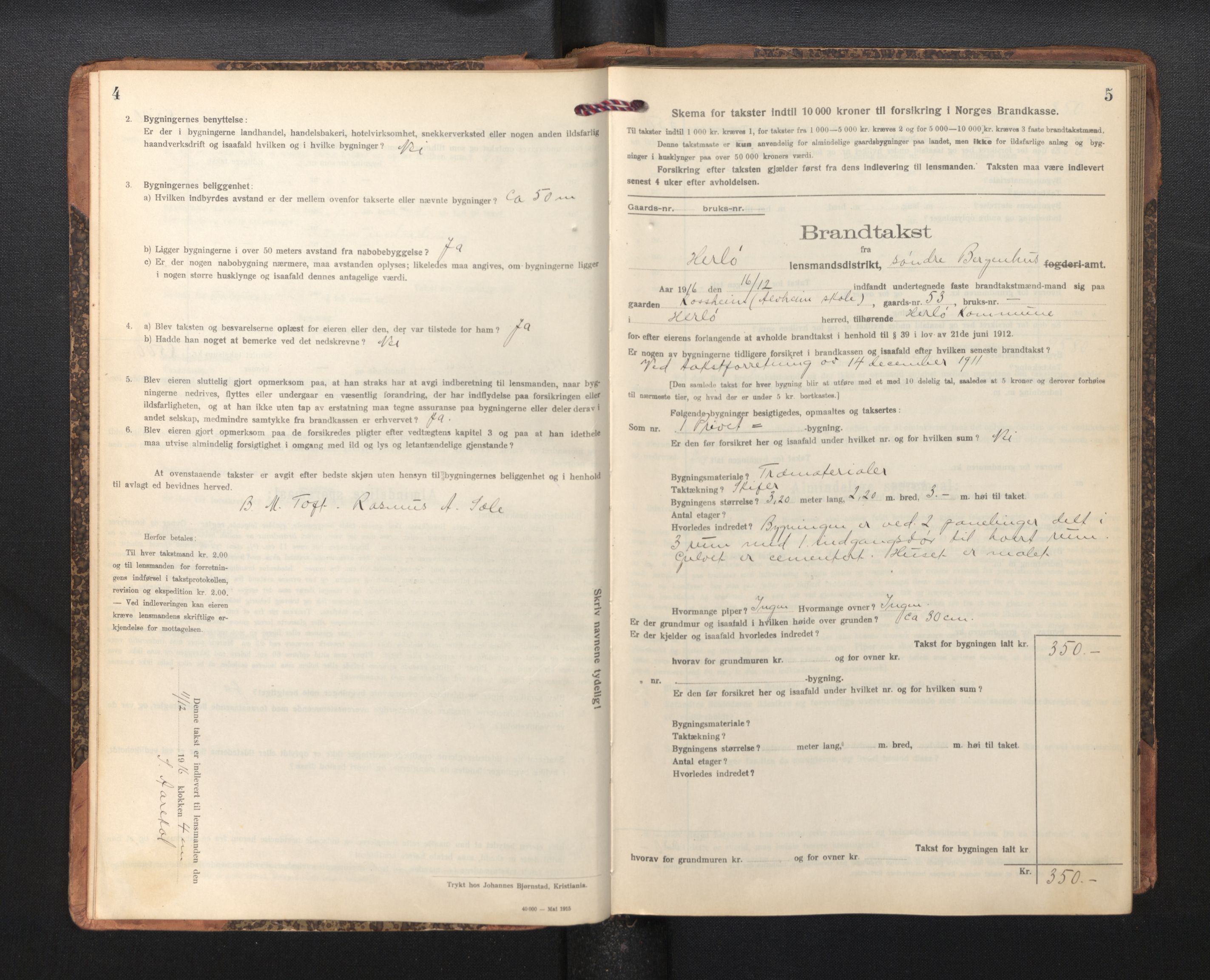Lensmannen i Herdla, AV/SAB-A-32901/0012/L0004:  Branntakstprotokoll skjematakst, 1916-1954, p. 4-5