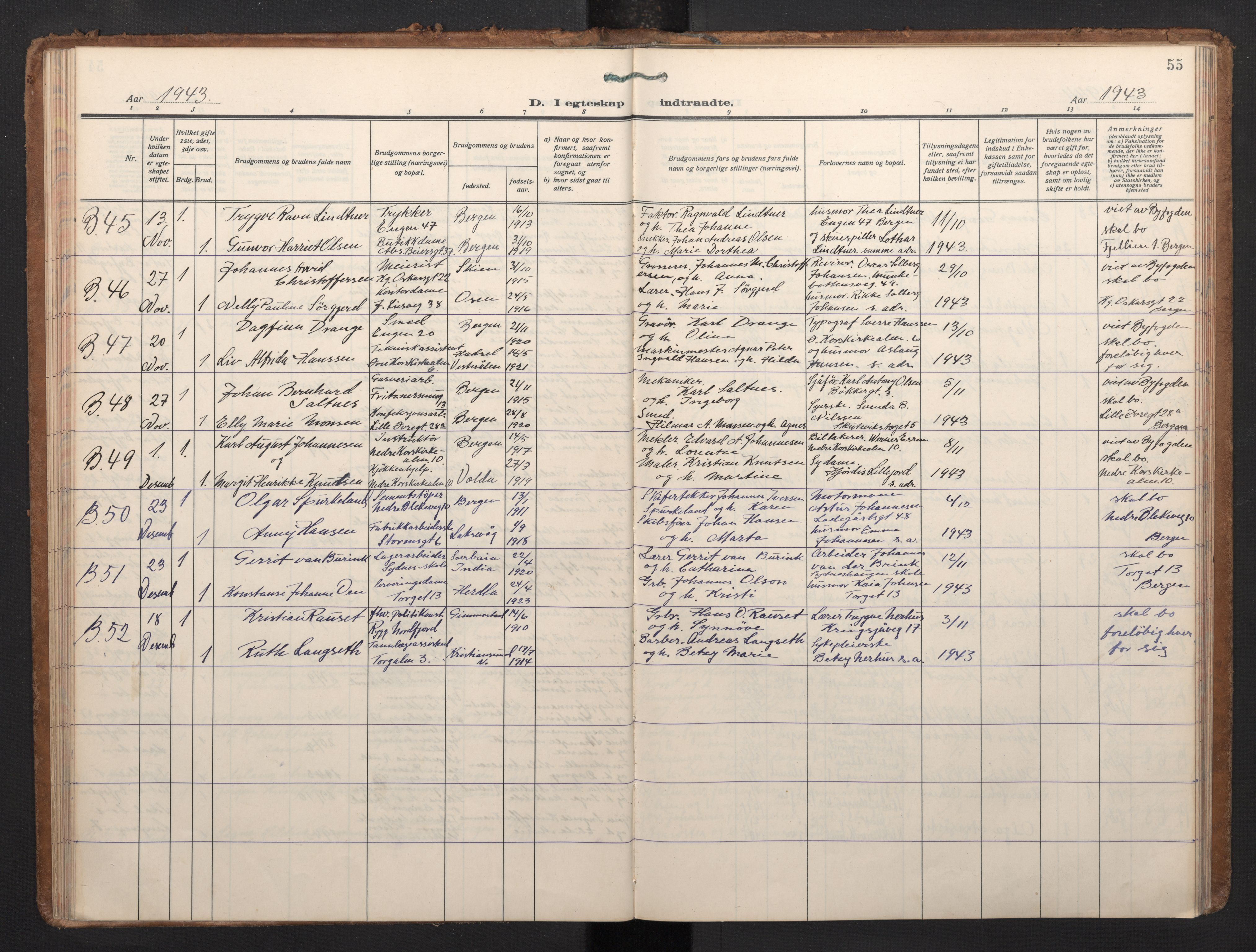 Korskirken sokneprestembete, AV/SAB-A-76101/H/Haa/L0040: Parish register (official) no. D 7, 1938-1952, p. 54b-55a