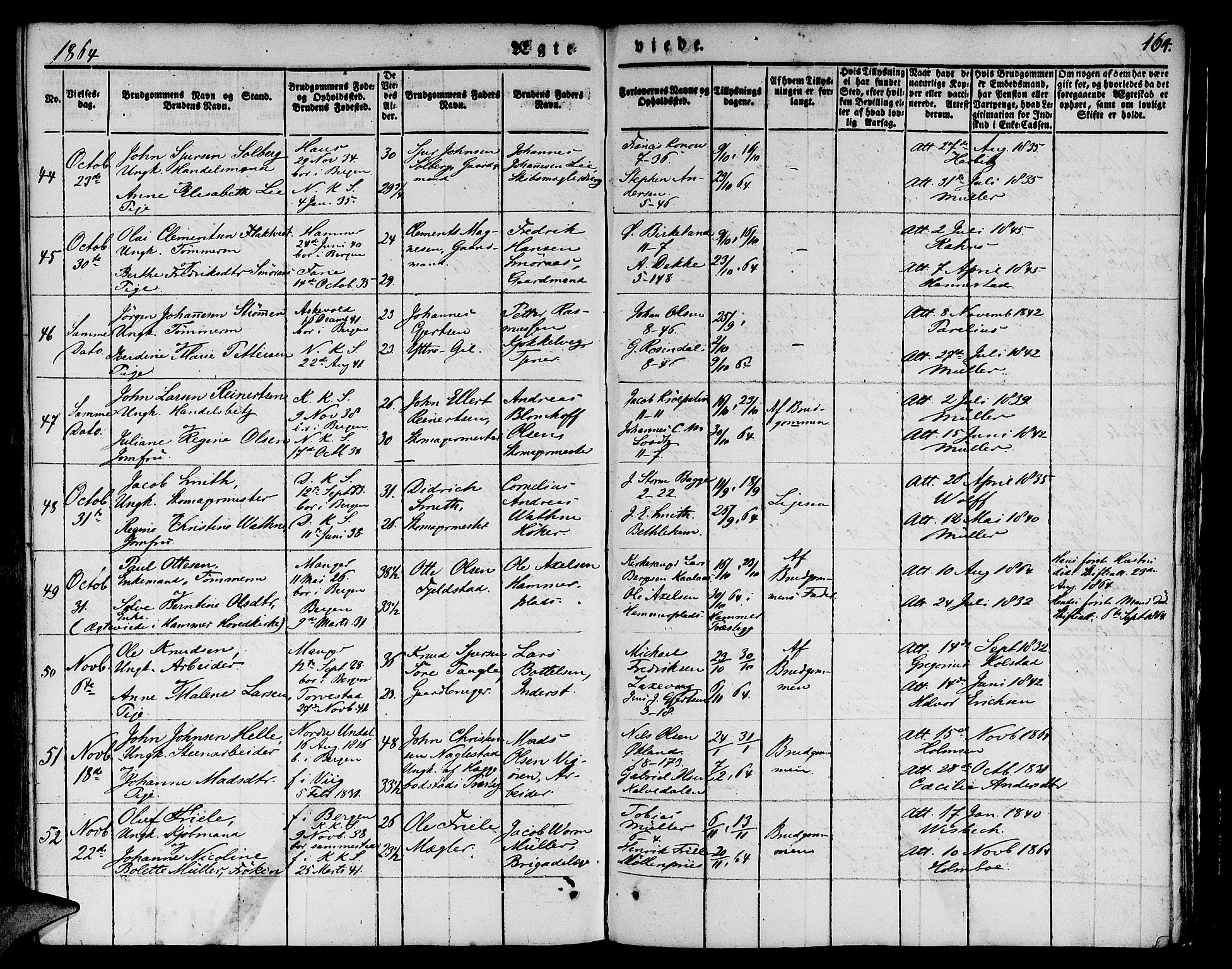 Nykirken Sokneprestembete, SAB/A-77101/H/Hab: Parish register (copy) no. D 1, 1832-1867, p. 164