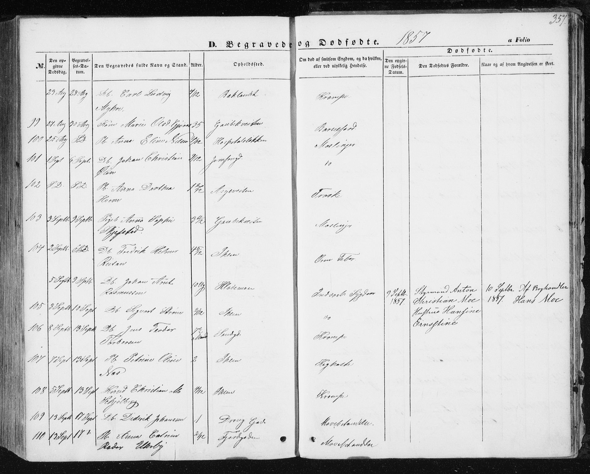 Ministerialprotokoller, klokkerbøker og fødselsregistre - Sør-Trøndelag, AV/SAT-A-1456/602/L0112: Parish register (official) no. 602A10, 1848-1859, p. 357