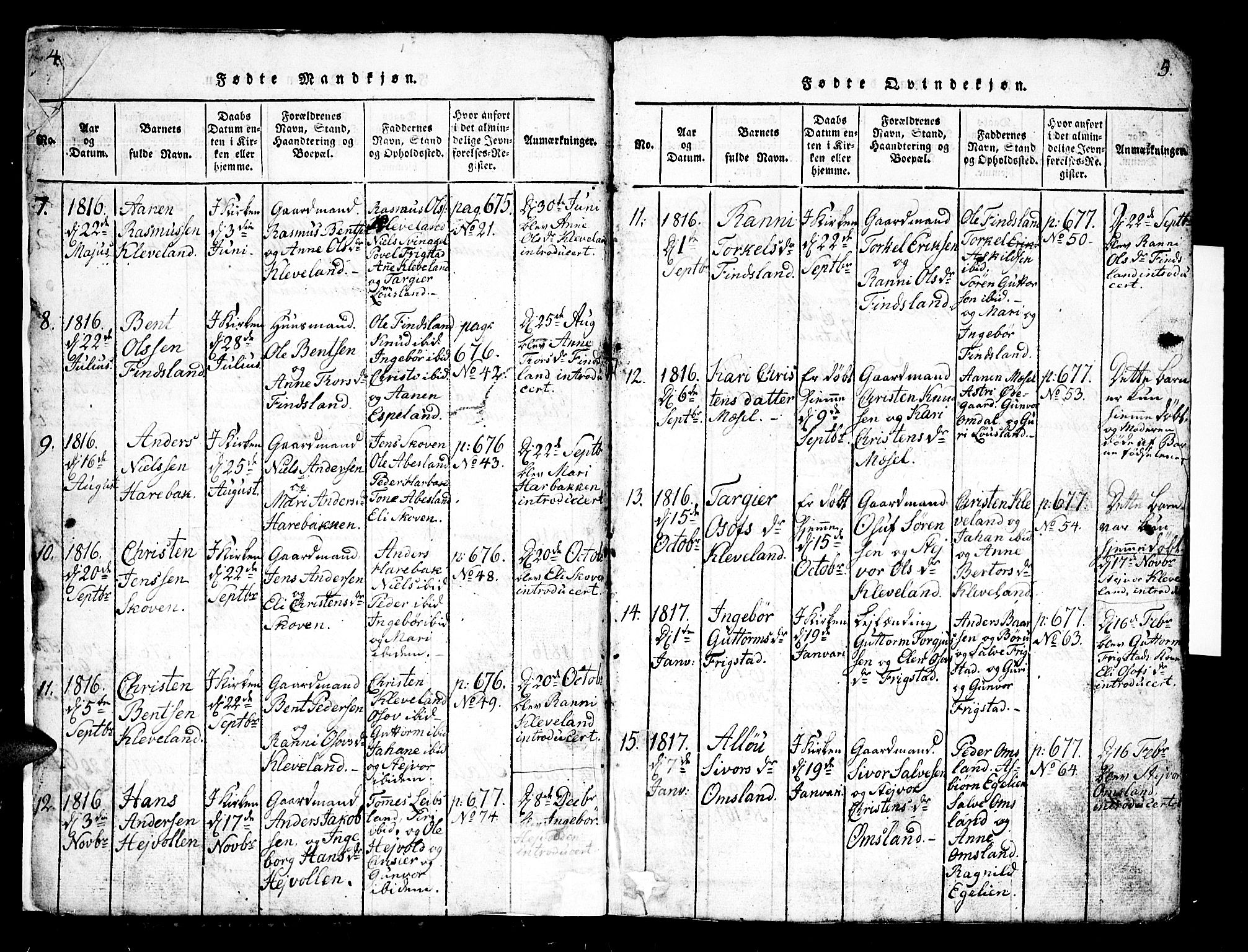 Bjelland sokneprestkontor, SAK/1111-0005/F/Fb/Fbb/L0003: Parish register (copy) no. B 3, 1816-1868, p. 4-5