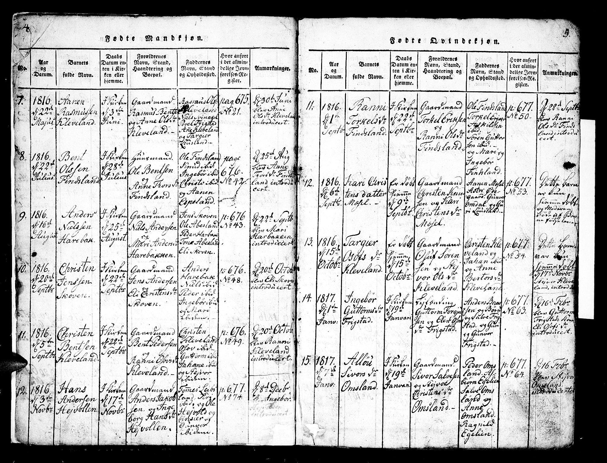 Bjelland sokneprestkontor, AV/SAK-1111-0005/F/Fb/Fbb/L0003: Parish register (copy) no. B 3, 1816-1868, p. 4-5