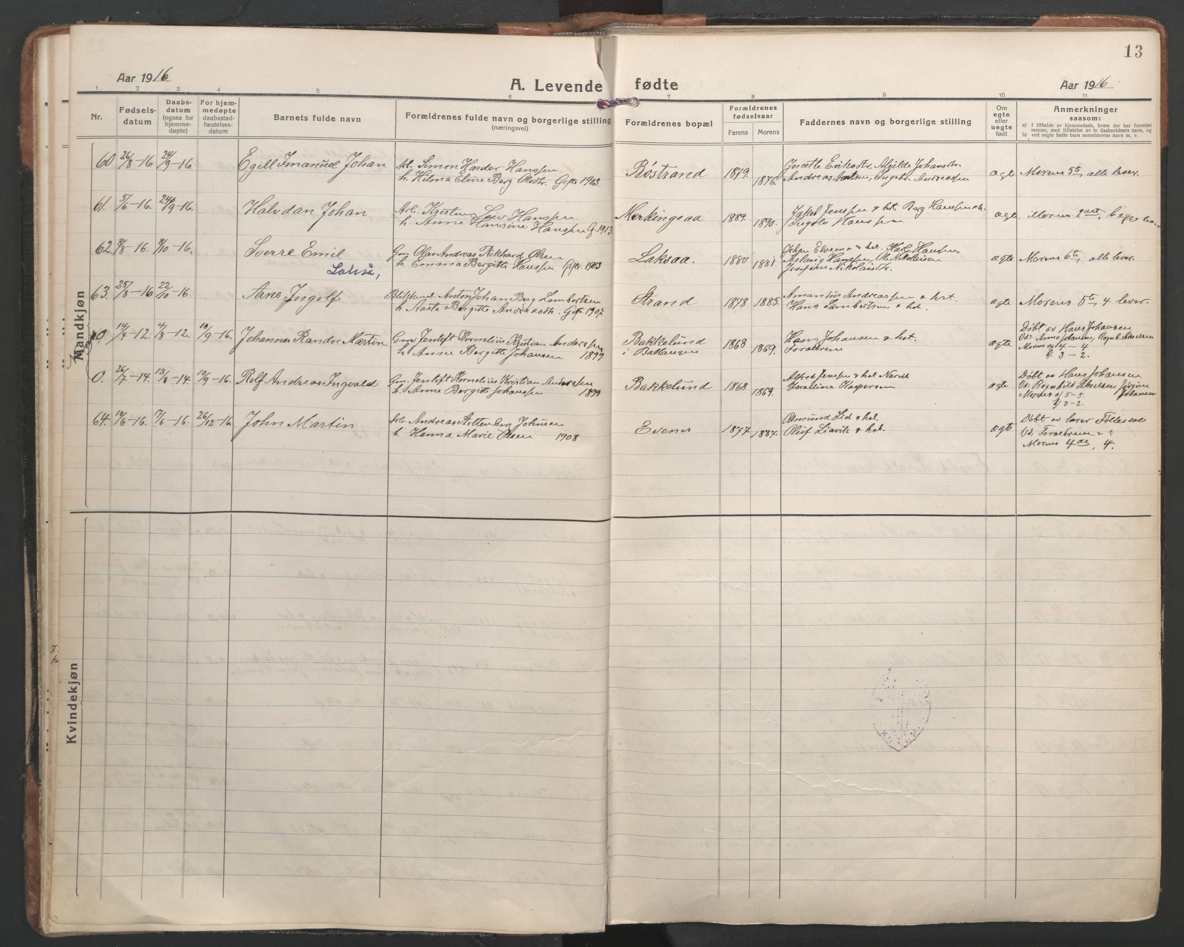 Ministerialprotokoller, klokkerbøker og fødselsregistre - Nordland, AV/SAT-A-1459/863/L0904: Parish register (official) no. 863A16, 1915-1937, p. 13