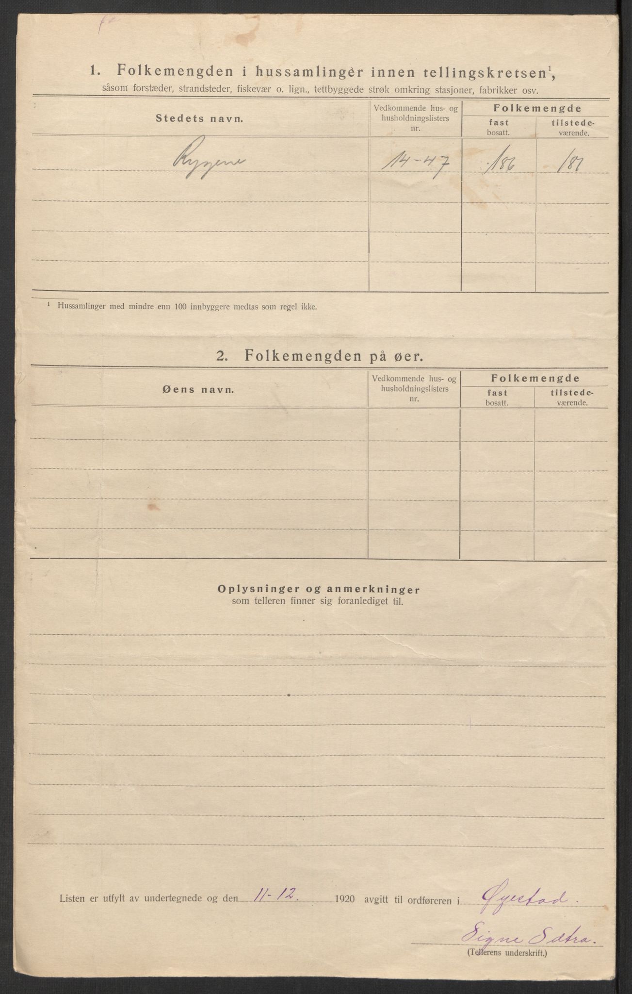 SAK, 1920 census for Øyestad, 1920, p. 20