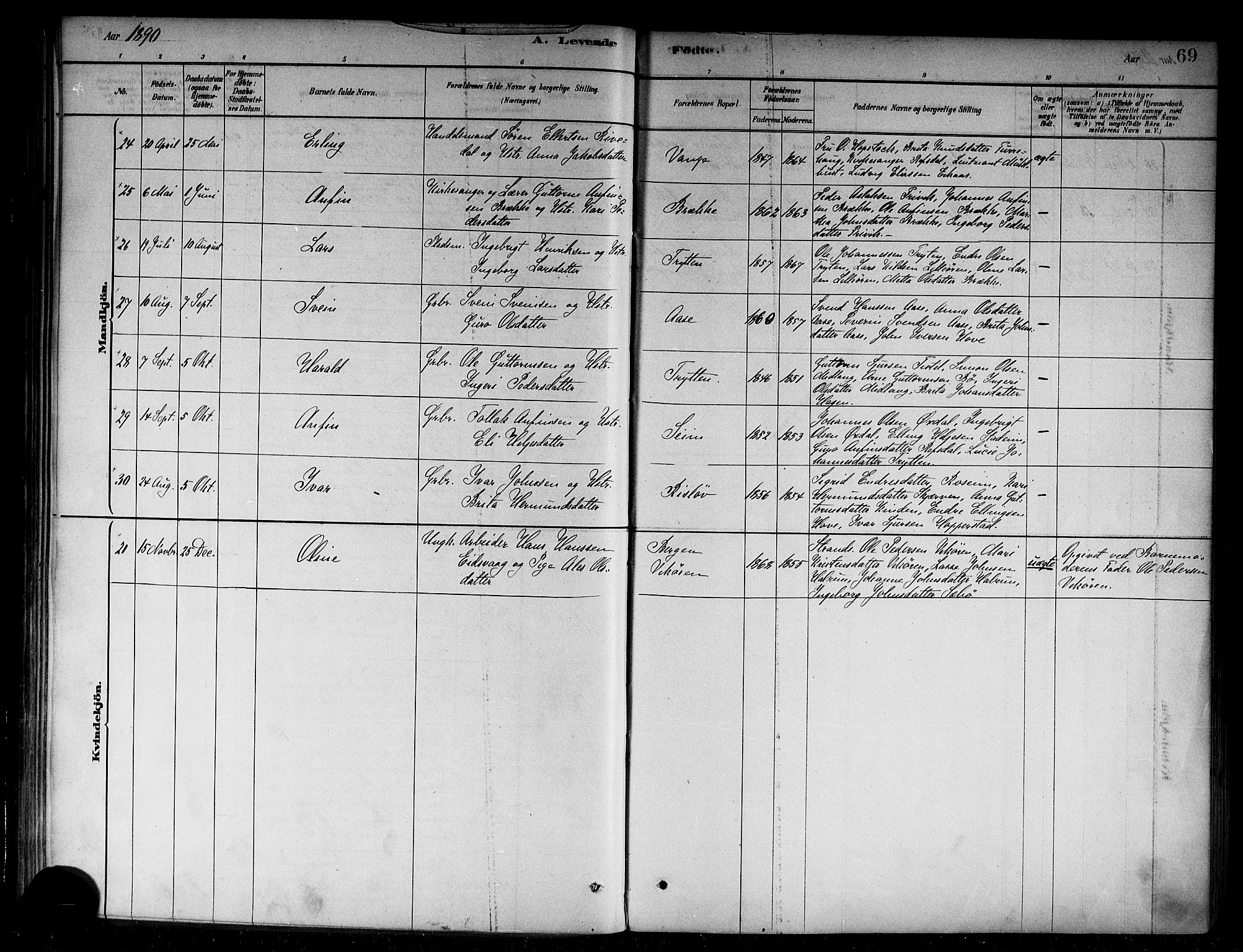 Vik sokneprestembete, AV/SAB-A-81501/H/Haa/Haab/L0001: Parish register (official) no. B 1, 1878-1890, p. 69