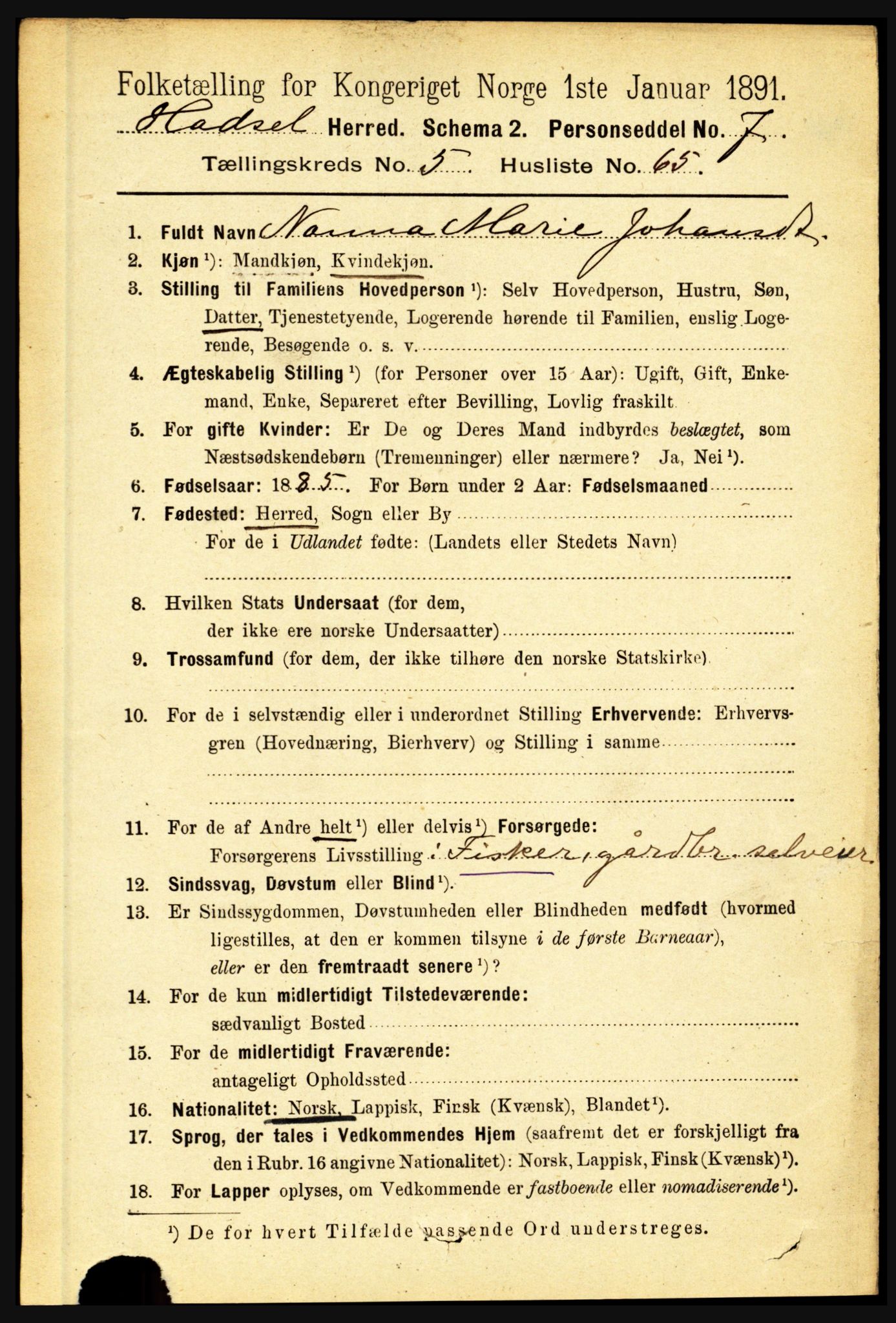 RA, 1891 census for 1866 Hadsel, 1891, p. 2575