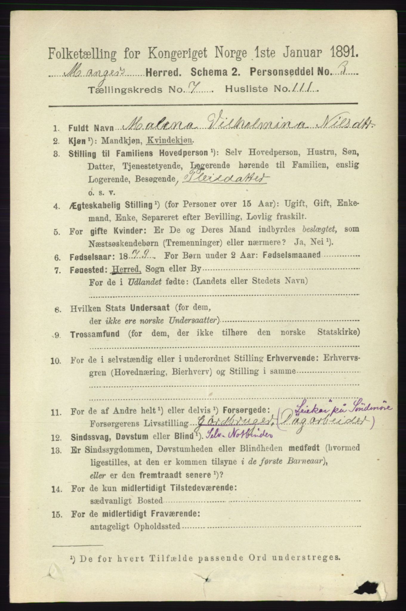 RA, 1891 census for 1261 Manger, 1891, p. 5010