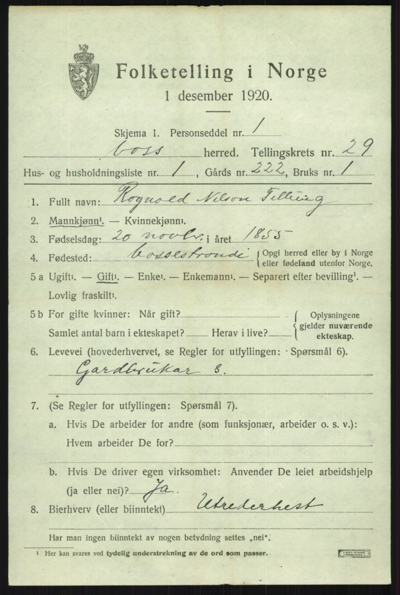 SAB, 1920 census for Voss, 1920, p. 19259