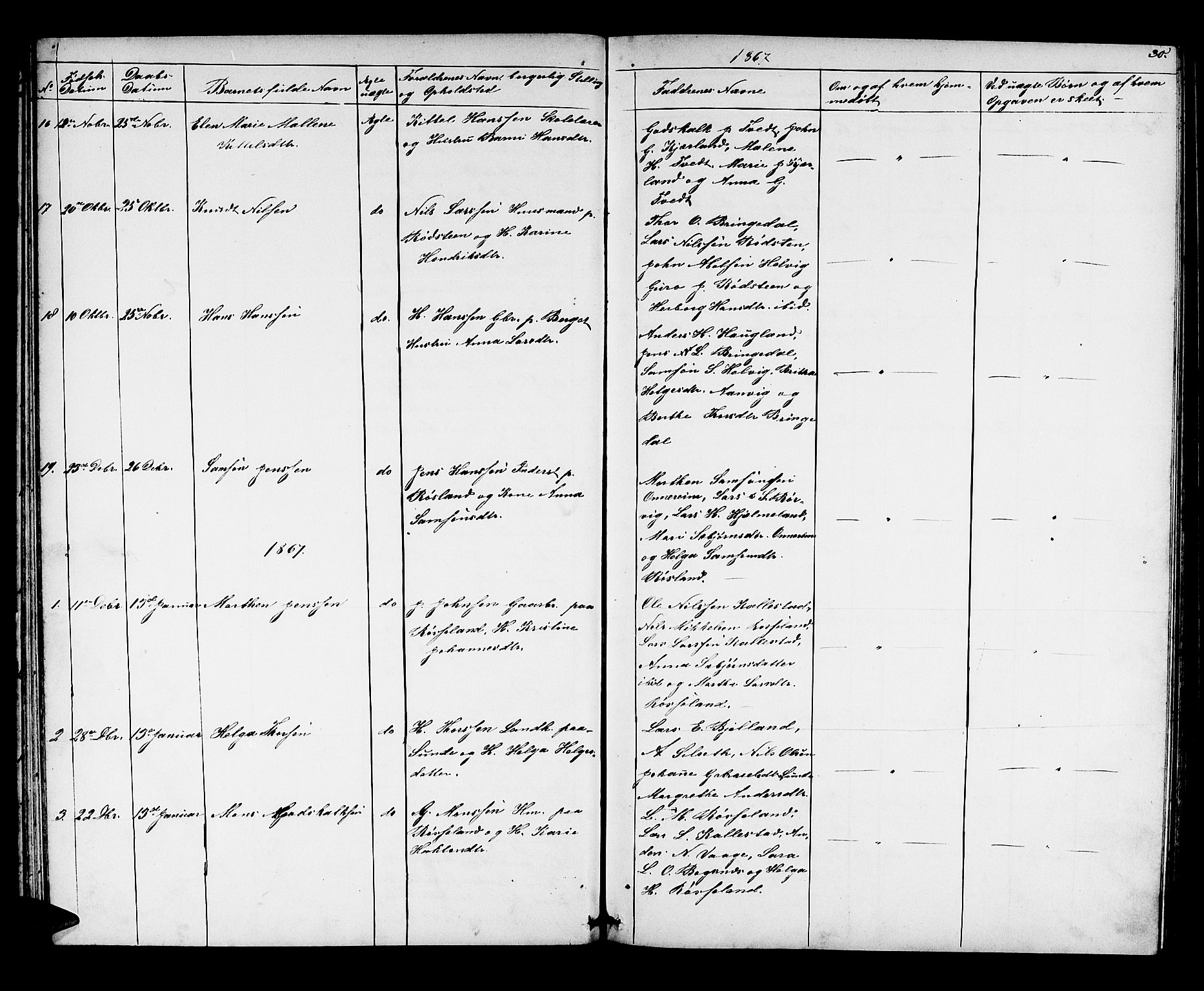 Husnes Sokneprestembete, AV/SAB-A-75901/H/Hab: Parish register (copy) no. A 1, 1856-1880, p. 30