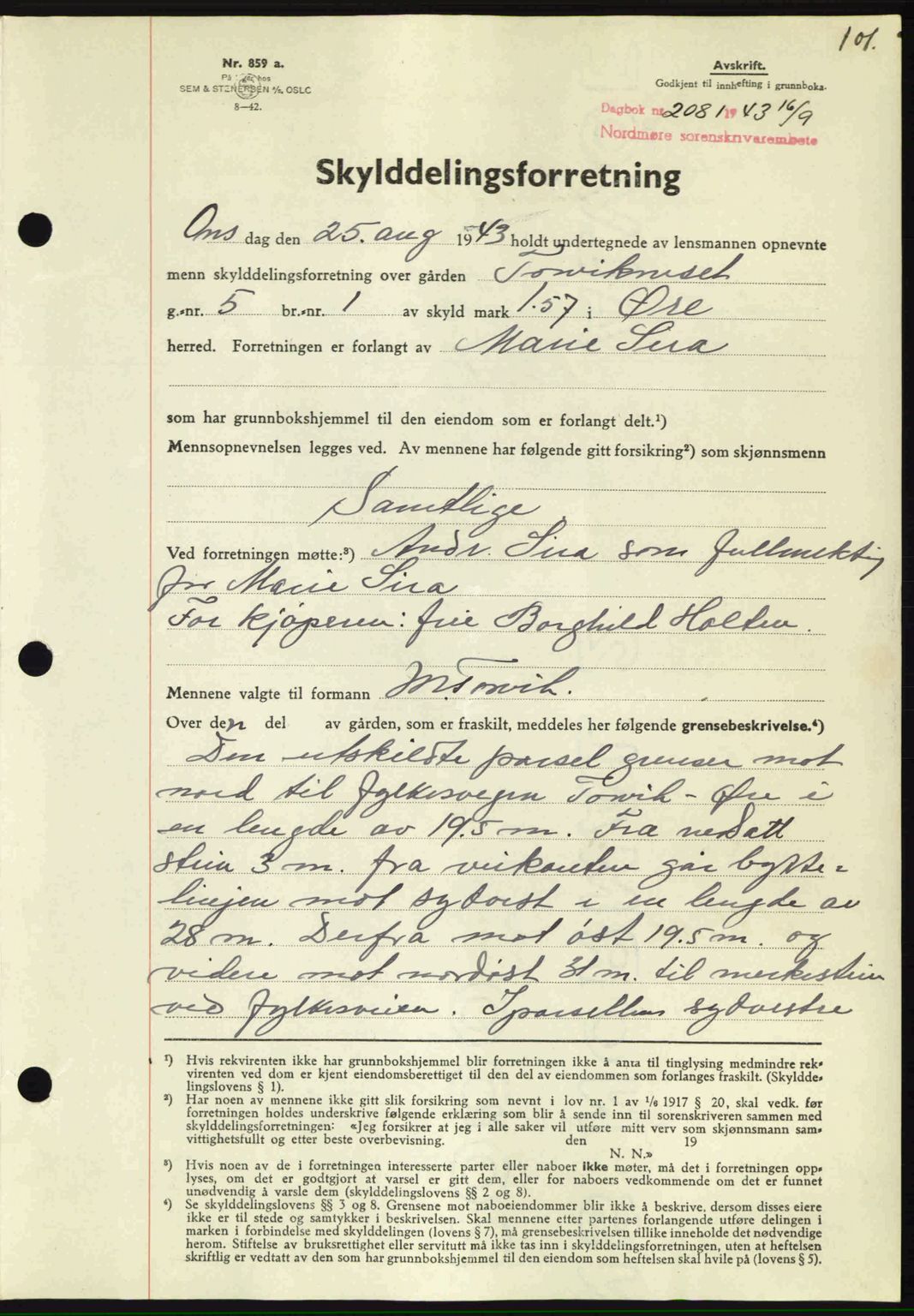 Nordmøre sorenskriveri, SAT/A-4132/1/2/2Ca: Mortgage book no. A96, 1943-1944, Diary no: : 2081/1943