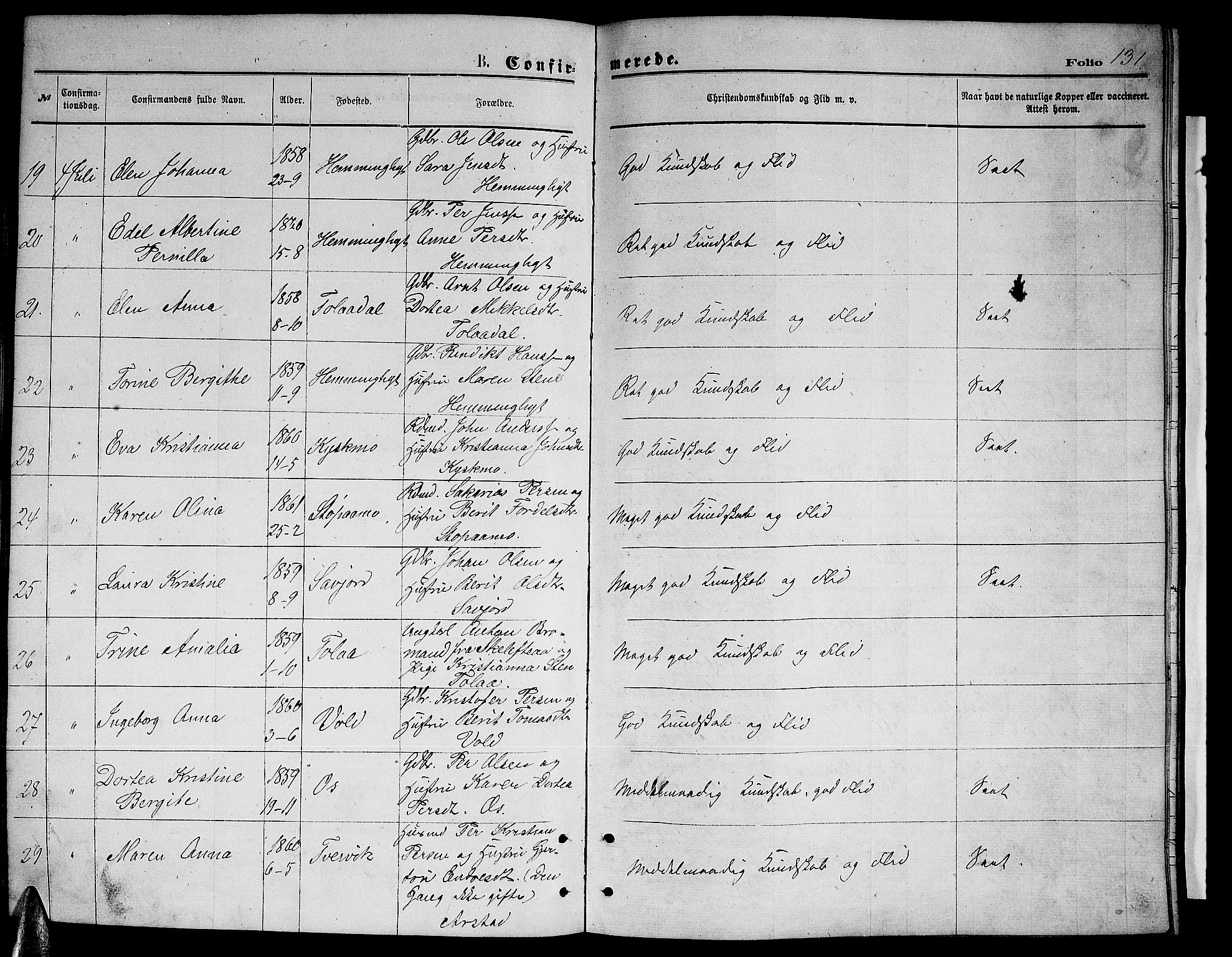 Ministerialprotokoller, klokkerbøker og fødselsregistre - Nordland, AV/SAT-A-1459/846/L0653: Parish register (copy) no. 846C03, 1872-1887, p. 131