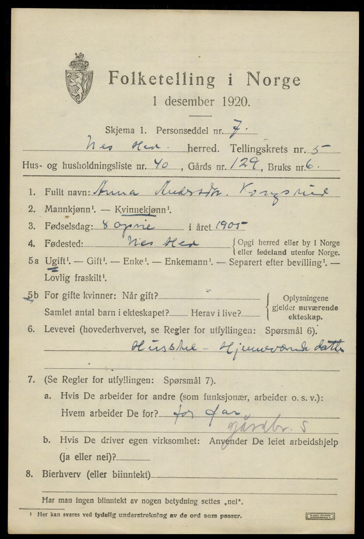 SAH, 1920 census for Nes (Hedmark), 1920, p. 7530