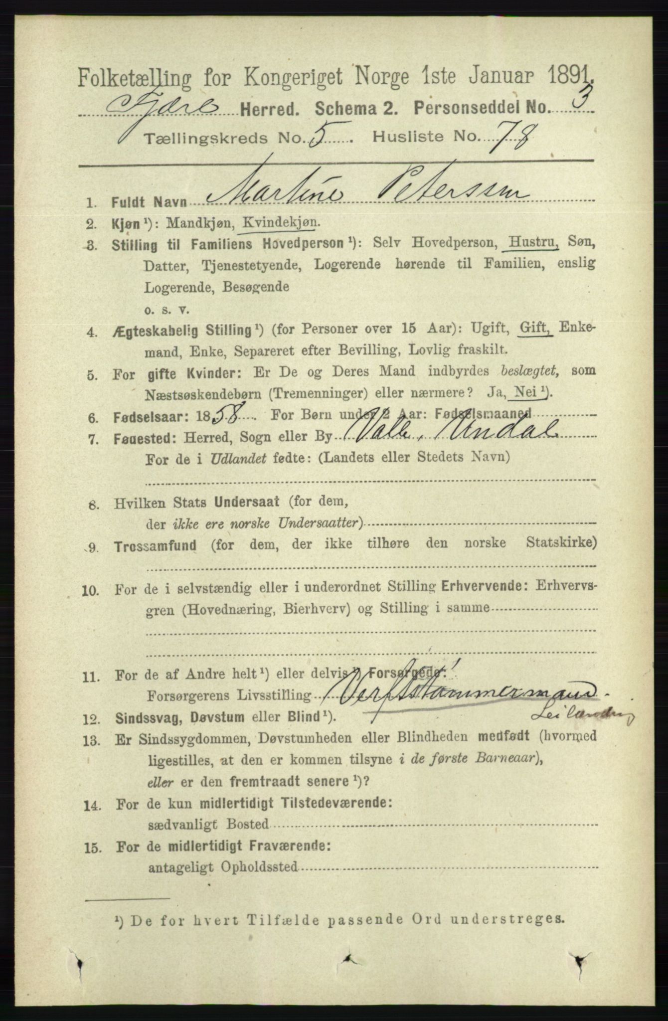 RA, 1891 census for 0923 Fjære, 1891, p. 2822