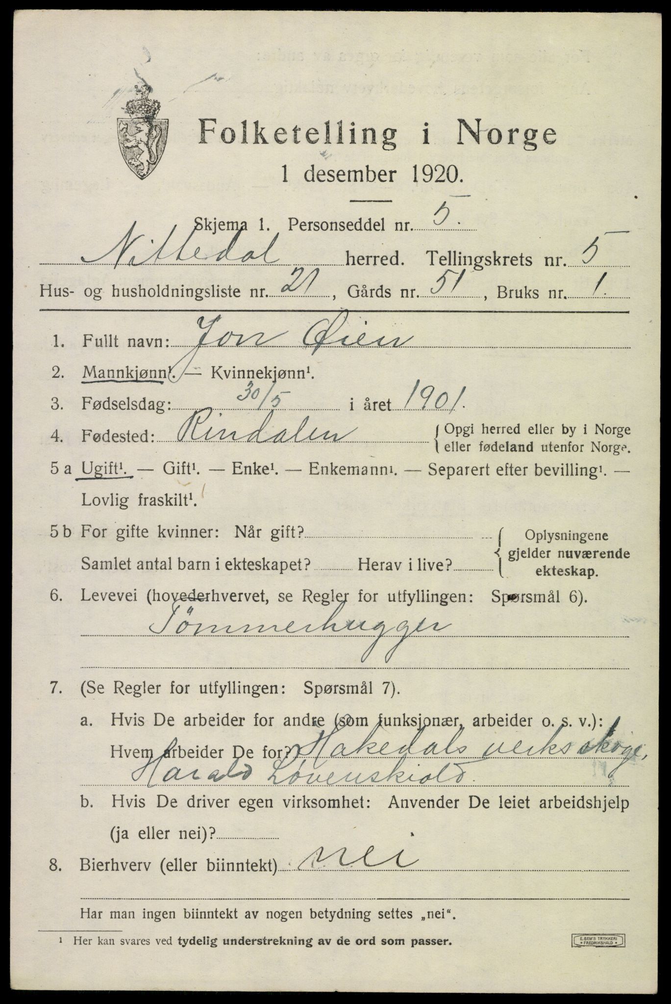 SAO, 1920 census for Nittedal, 1920, p. 6714
