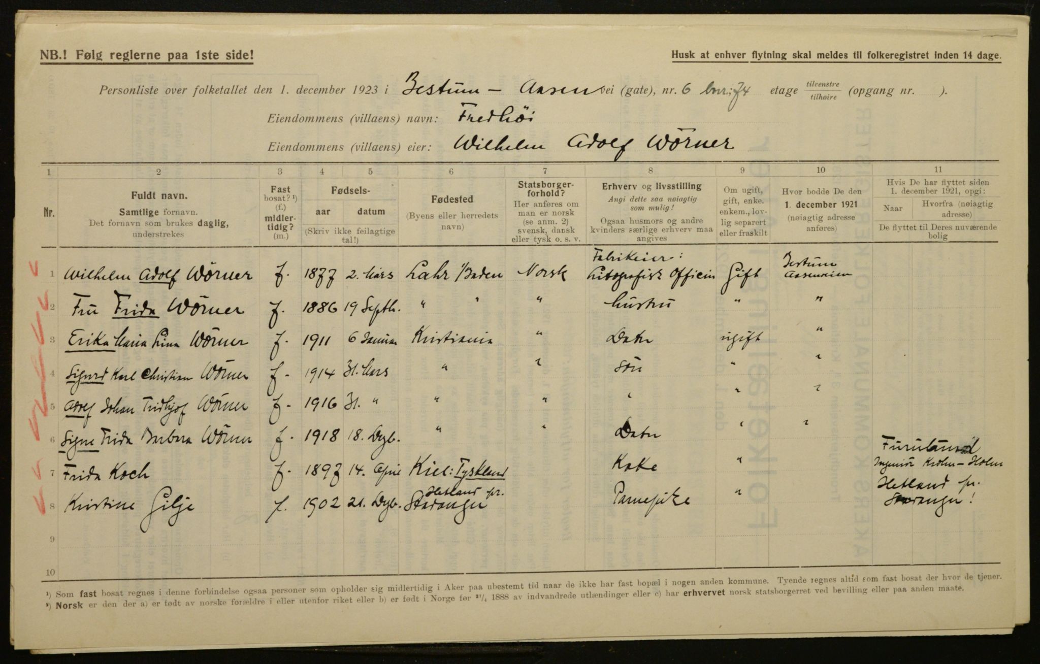 , Municipal Census 1923 for Aker, 1923, p. 61