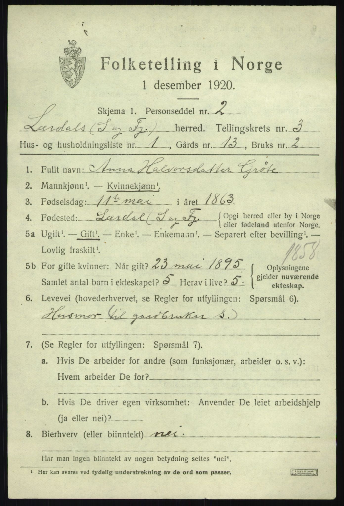 SAB, 1920 census for Lærdal, 1920, p. 1760