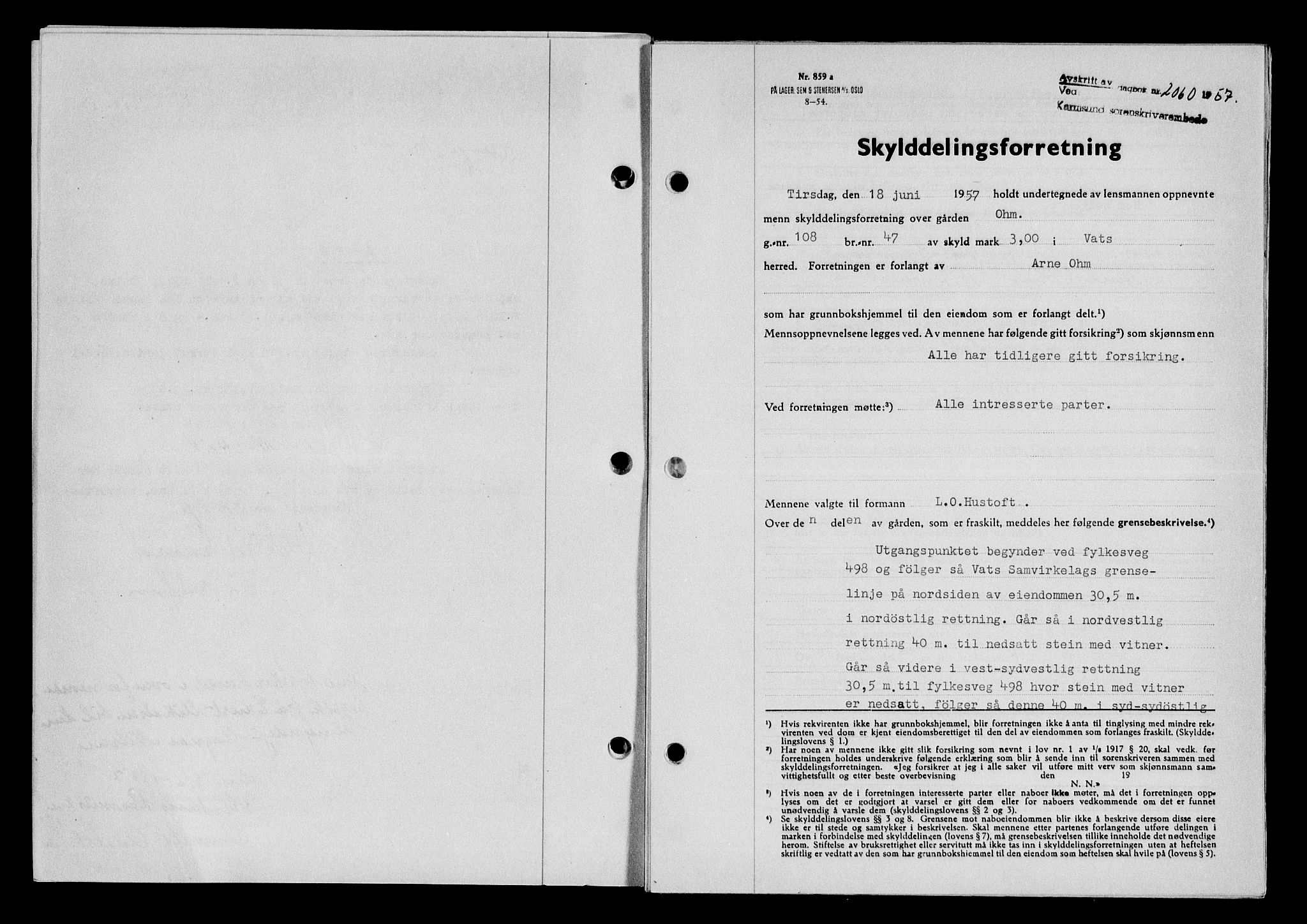 Karmsund sorenskriveri, AV/SAST-A-100311/01/II/IIB/L0125: Mortgage book no. 105A, 1957-1957, Diary no: : 2060/1957