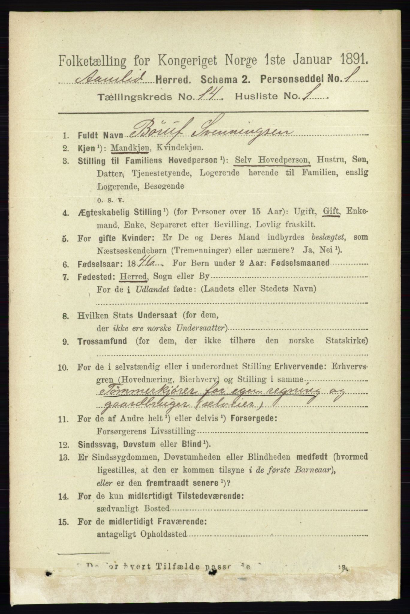 RA, 1891 census for 0929 Åmli, 1891, p. 2266