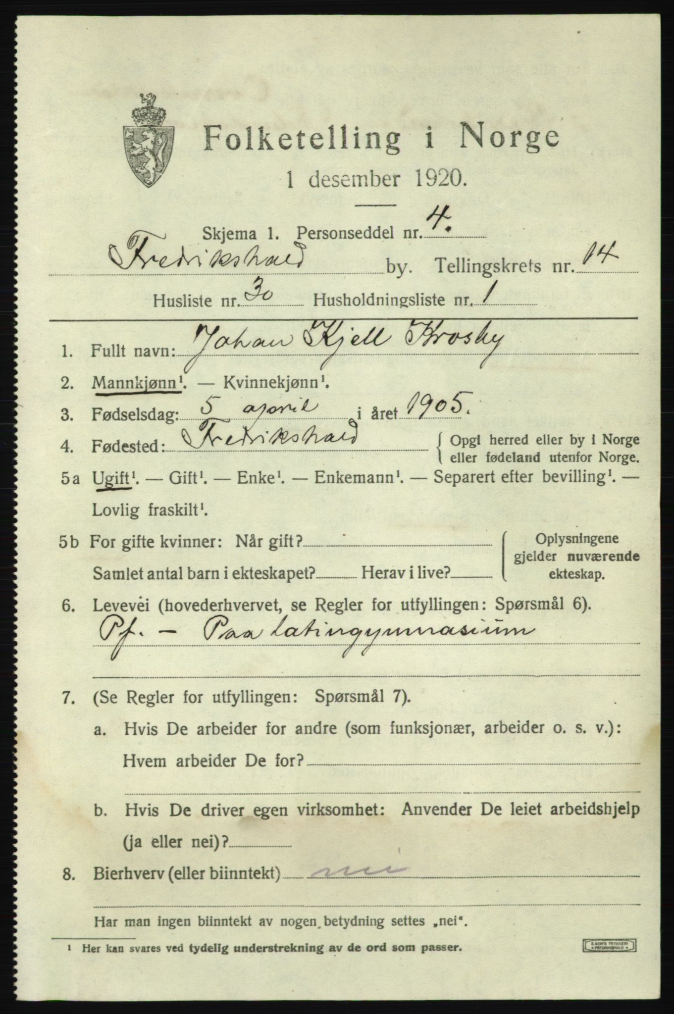 SAO, 1920 census for Fredrikshald, 1920, p. 23083