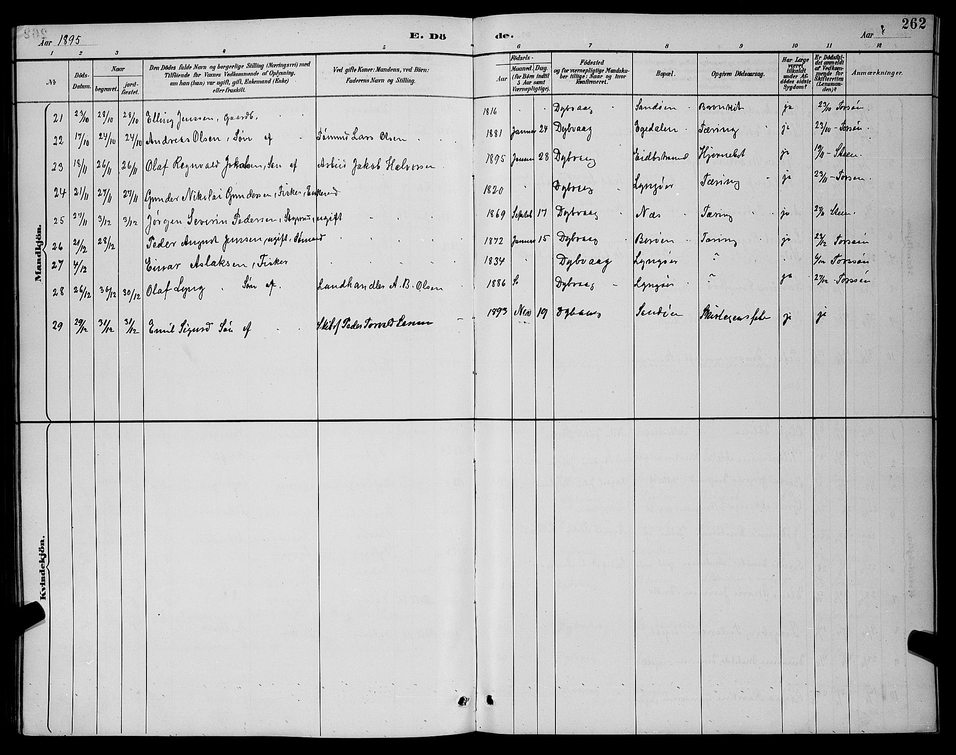 Dypvåg sokneprestkontor, AV/SAK-1111-0007/F/Fb/Fba/L0013: Parish register (copy) no. B 13, 1887-1900, p. 262