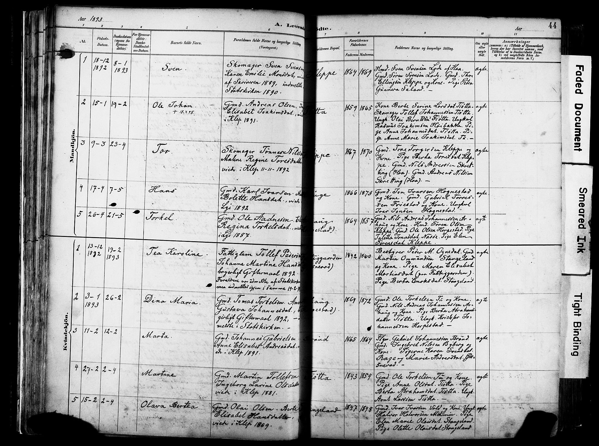 Klepp sokneprestkontor, SAST/A-101803/001/3/30BA/L0009: Parish register (official) no. A 7, 1886-1915, p. 44