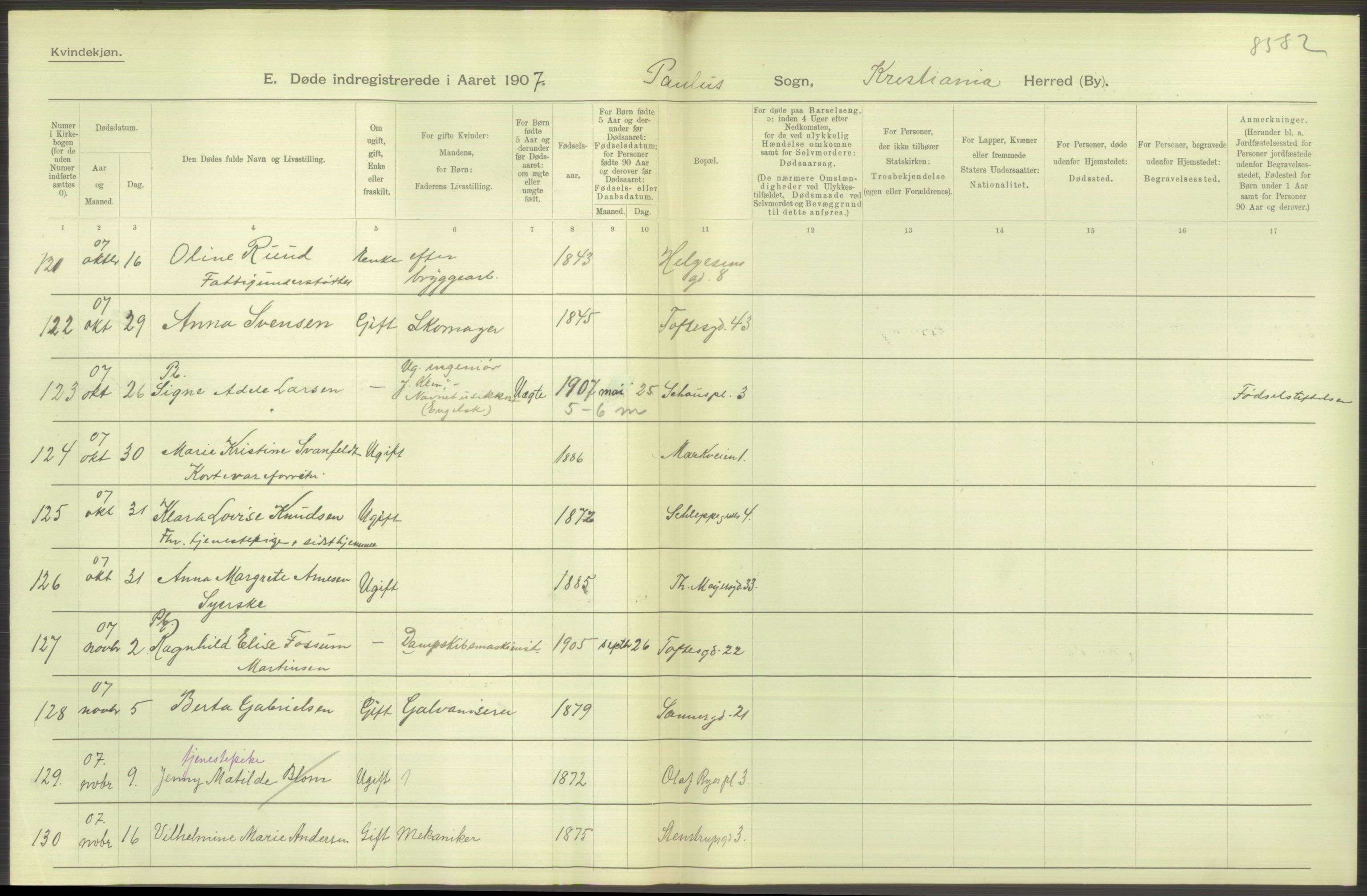 Statistisk sentralbyrå, Sosiodemografiske emner, Befolkning, AV/RA-S-2228/D/Df/Dfa/Dfae/L0009: Kristiania: Døde, 1907, p. 380