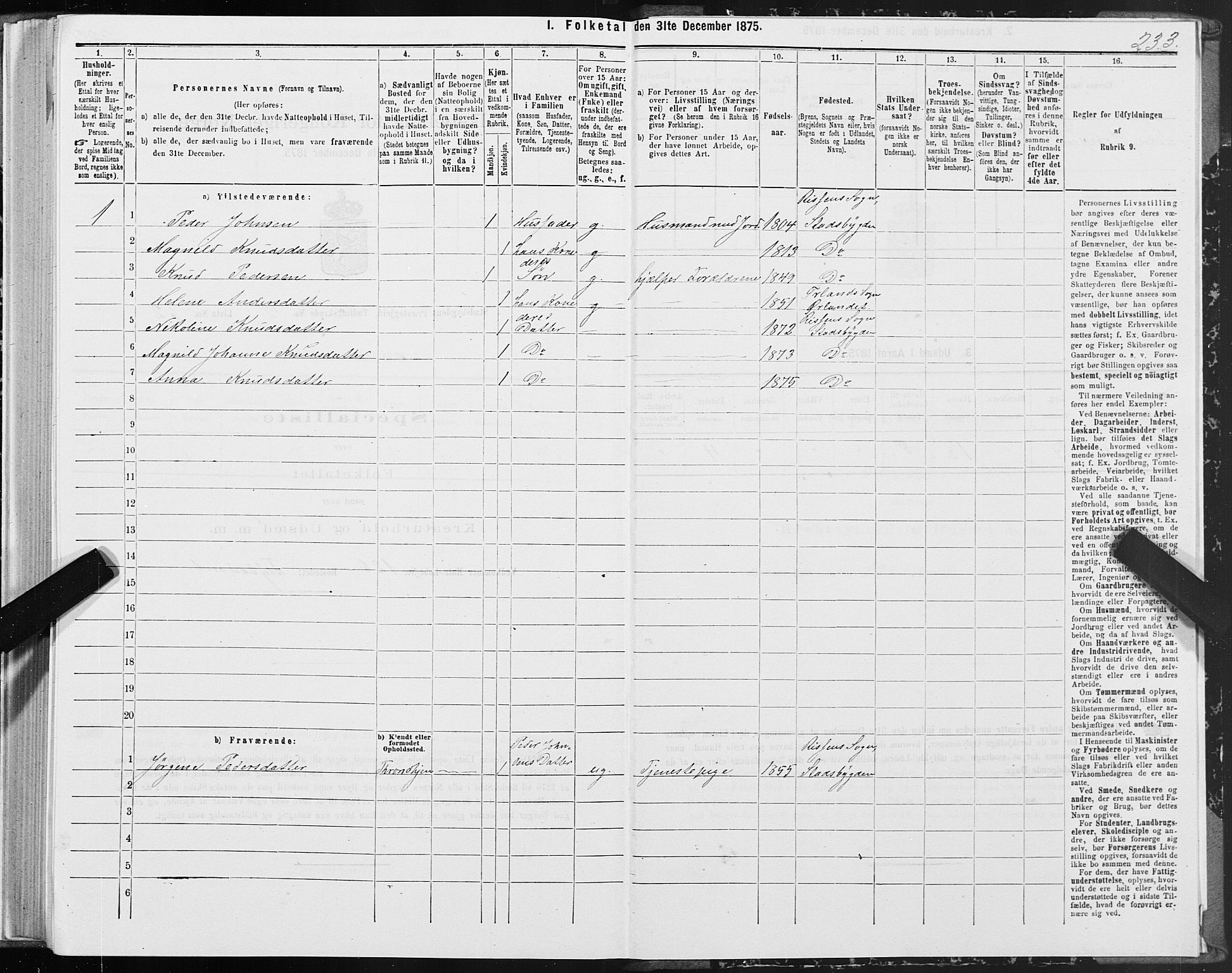 SAT, 1875 census for 1625P Stadsbygd, 1875, p. 5233