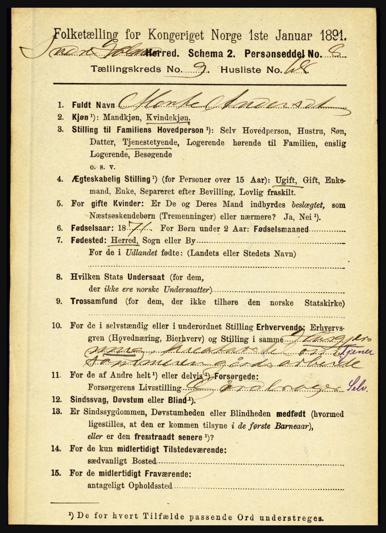 RA, 1891 census for 1430 Indre Holmedal, 1891, p. 4495