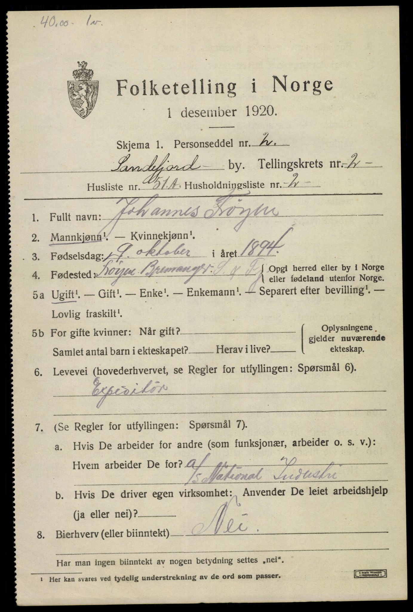 SAKO, 1920 census for Sandefjord, 1920, p. 6384