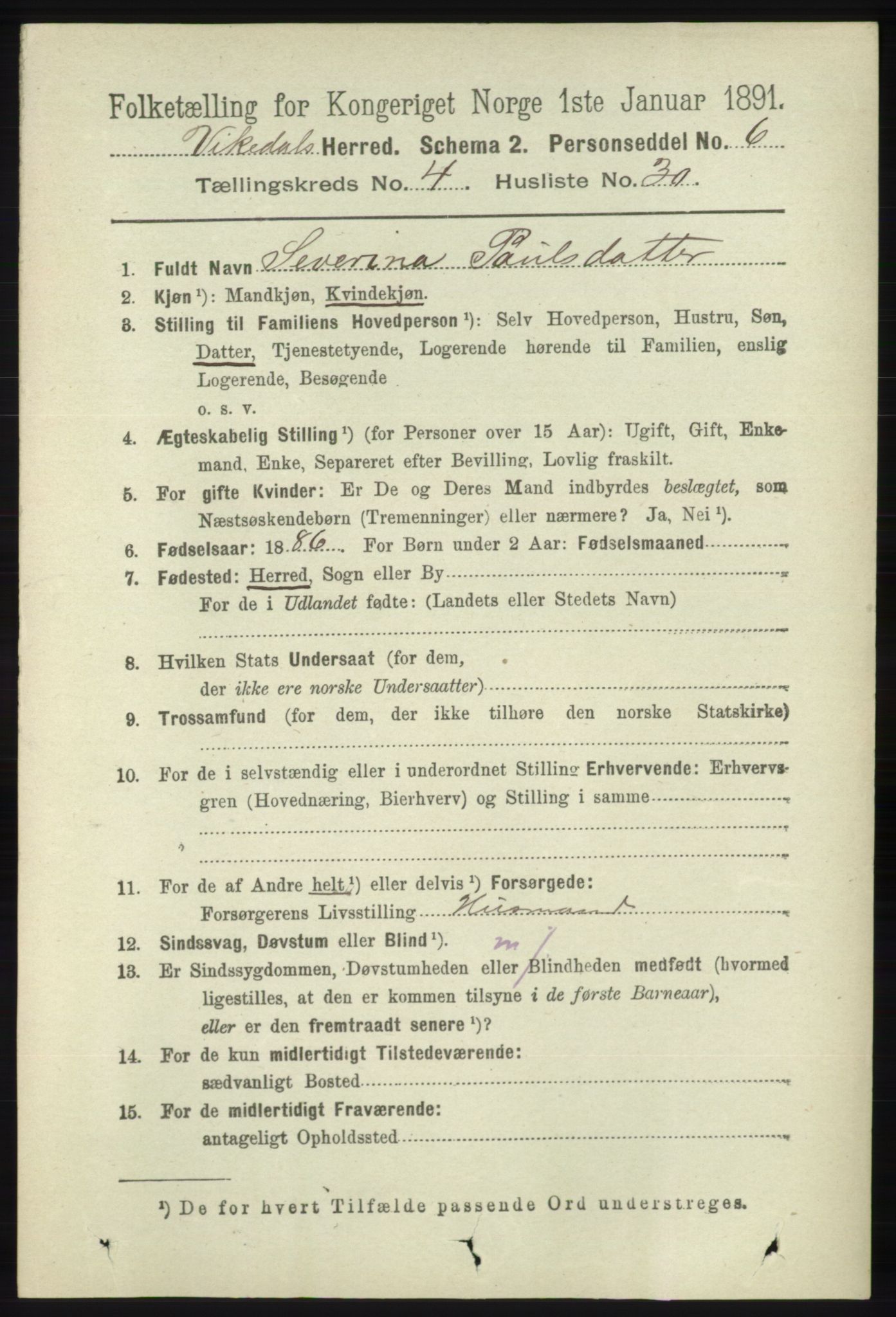 RA, 1891 census for 1157 Vikedal, 1891, p. 1080