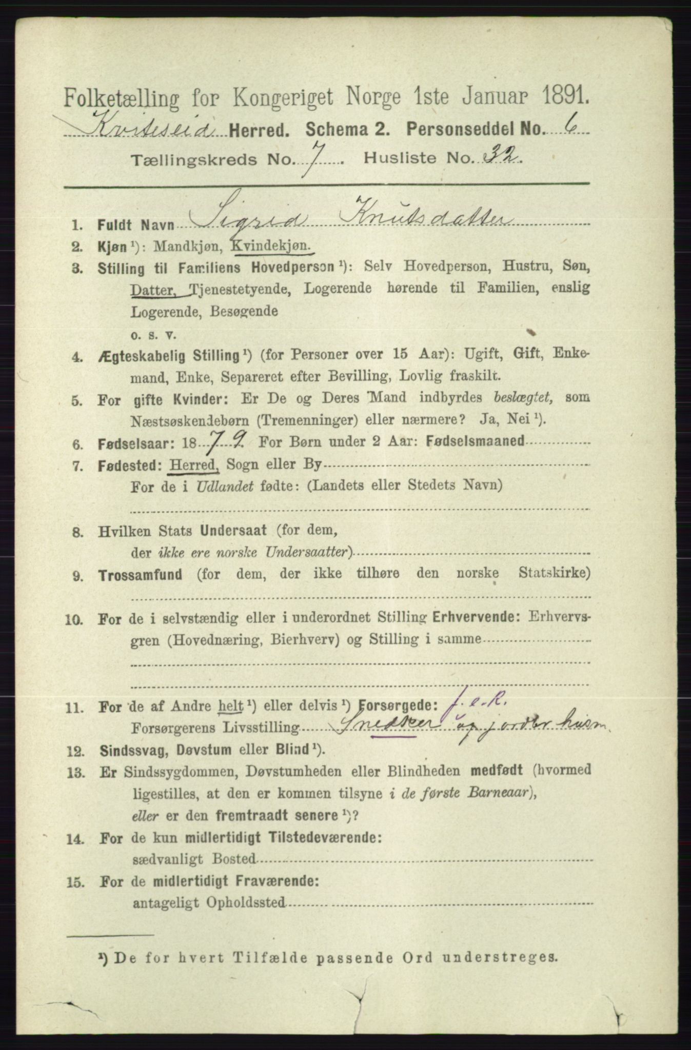 RA, 1891 census for 0829 Kviteseid, 1891, p. 1543