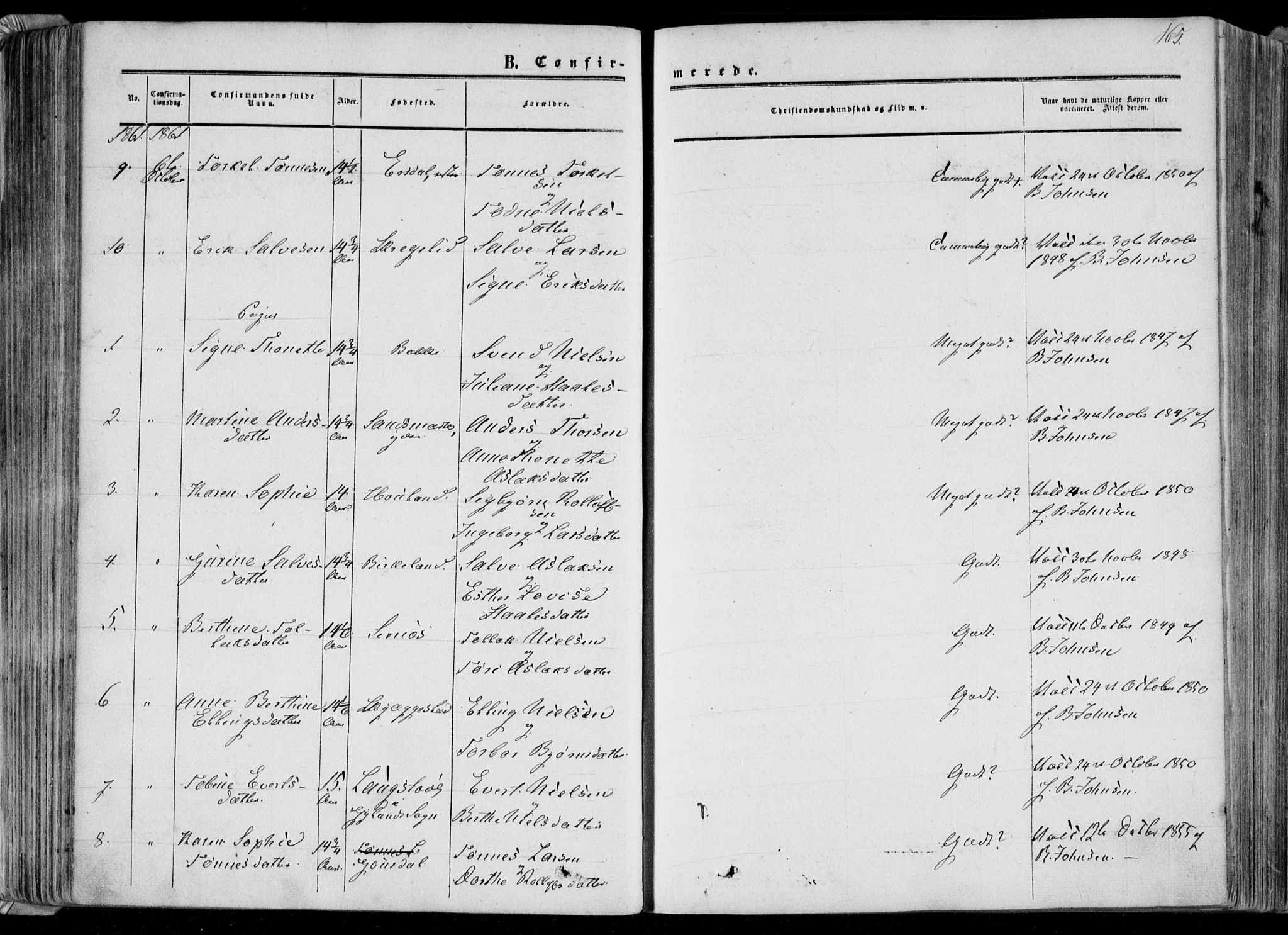 Bakke sokneprestkontor, AV/SAK-1111-0002/F/Fa/Faa/L0006: Parish register (official) no. A 6, 1855-1877, p. 165