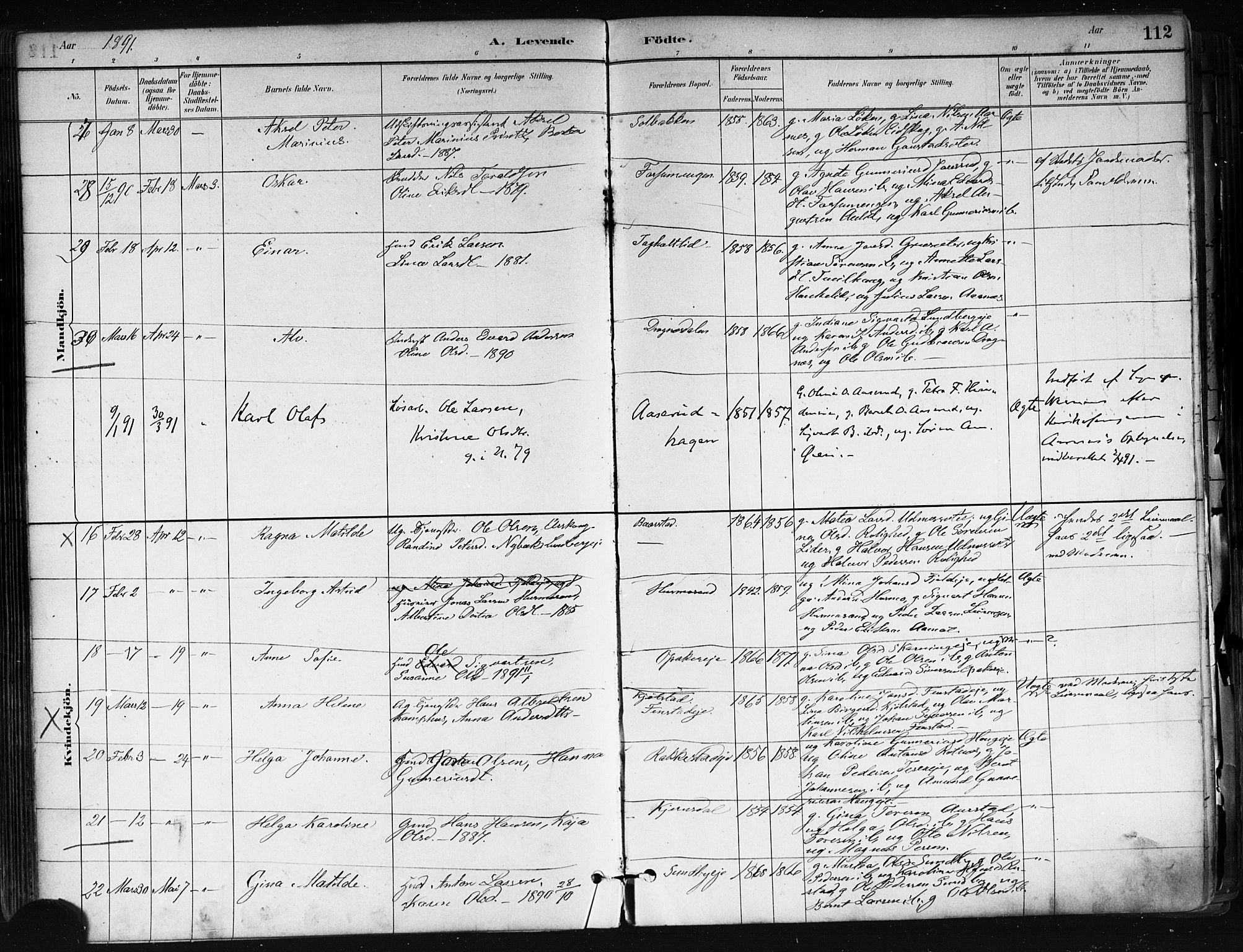 Nes prestekontor Kirkebøker, AV/SAO-A-10410/F/Fa/L0010: Parish register (official) no. I 10, 1883-1898, p. 112