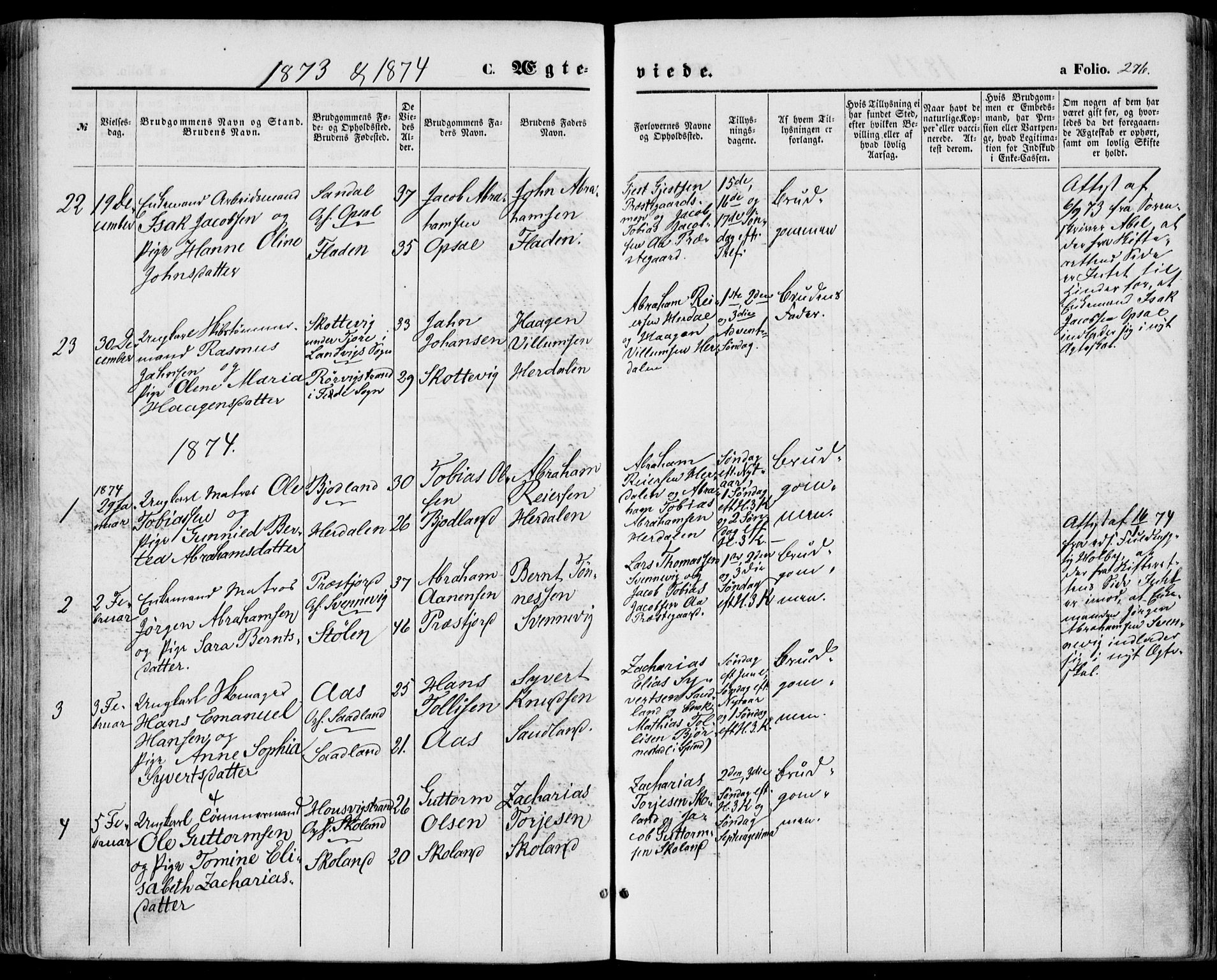 Lyngdal sokneprestkontor, SAK/1111-0029/F/Fa/Fac/L0010: Parish register (official) no. A 10, 1865-1878, p. 276