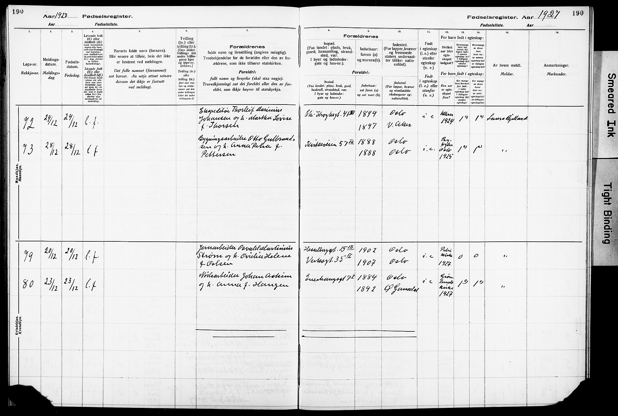 Krohgstøtten sykehusprest Kirkebøker, SAO/A-10854/J/Ja/L0001: Birth register no. 1, 1917-1928, p. 190