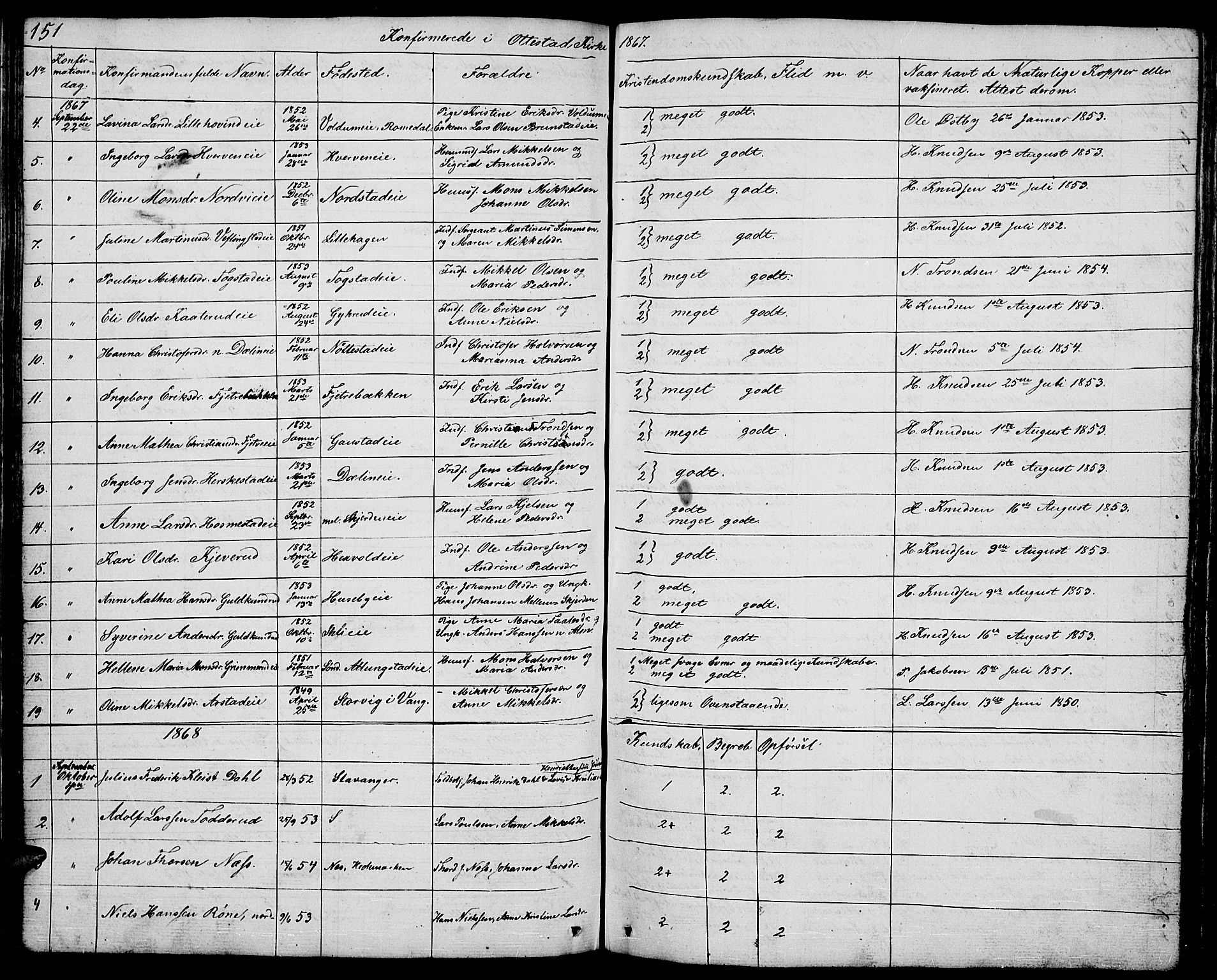 Stange prestekontor, SAH/PREST-002/L/L0002: Parish register (copy) no. 2, 1838-1879, p. 151