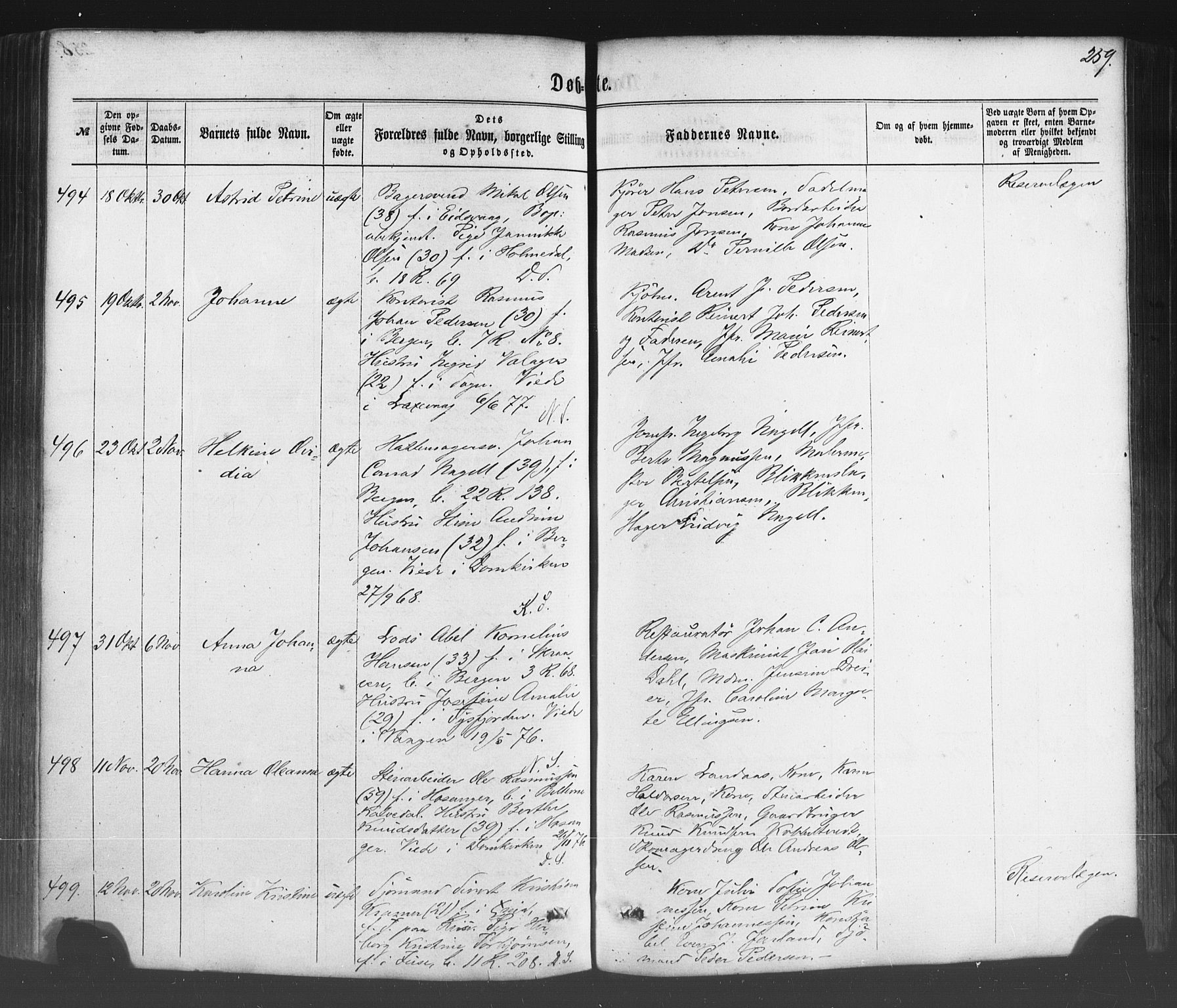 Fødselsstiftelsens sokneprestembete*, SAB/-: Parish register (official) no. A 1, 1863-1883, p. 259