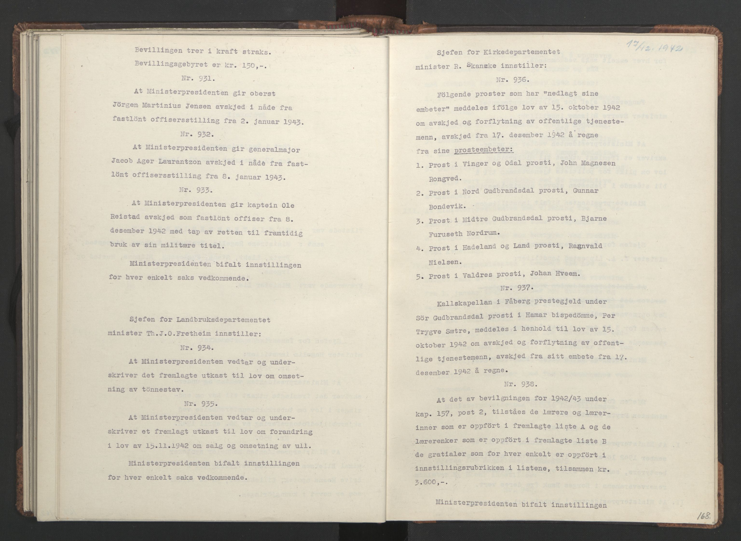 NS-administrasjonen 1940-1945 (Statsrådsekretariatet, de kommisariske statsråder mm), RA/S-4279/D/Da/L0001: Beslutninger og tillegg (1-952 og 1-32), 1942, p. 171