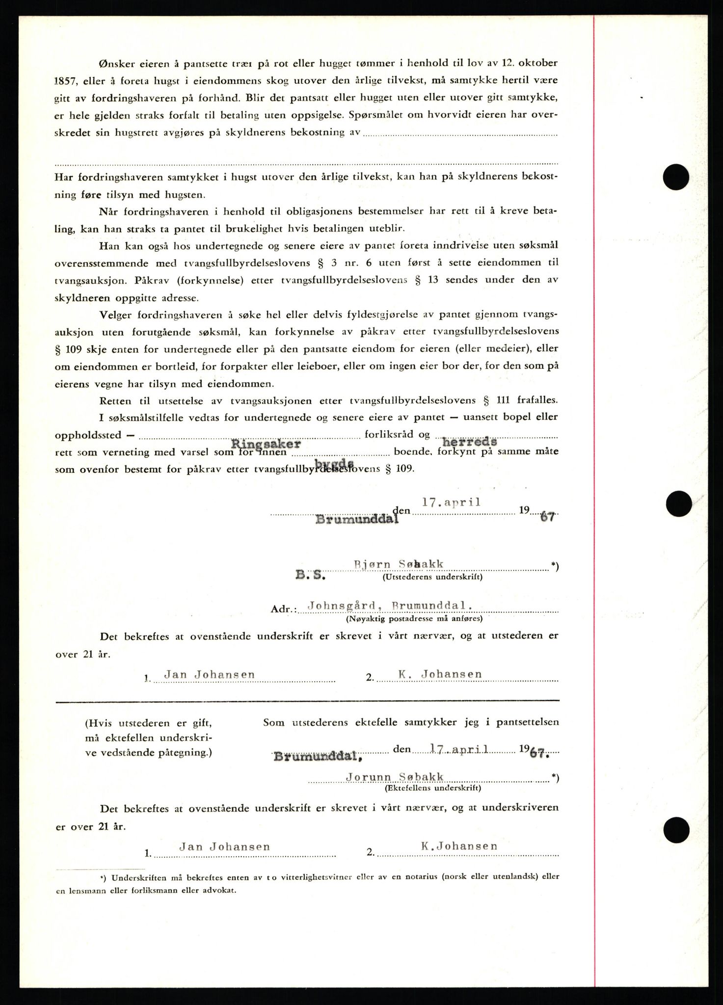 Nord-Hedmark sorenskriveri, SAH/TING-012/H/Hb/Hbf/L0071: Mortgage book no. B71, 1967-1967, Diary no: : 1998/1967
