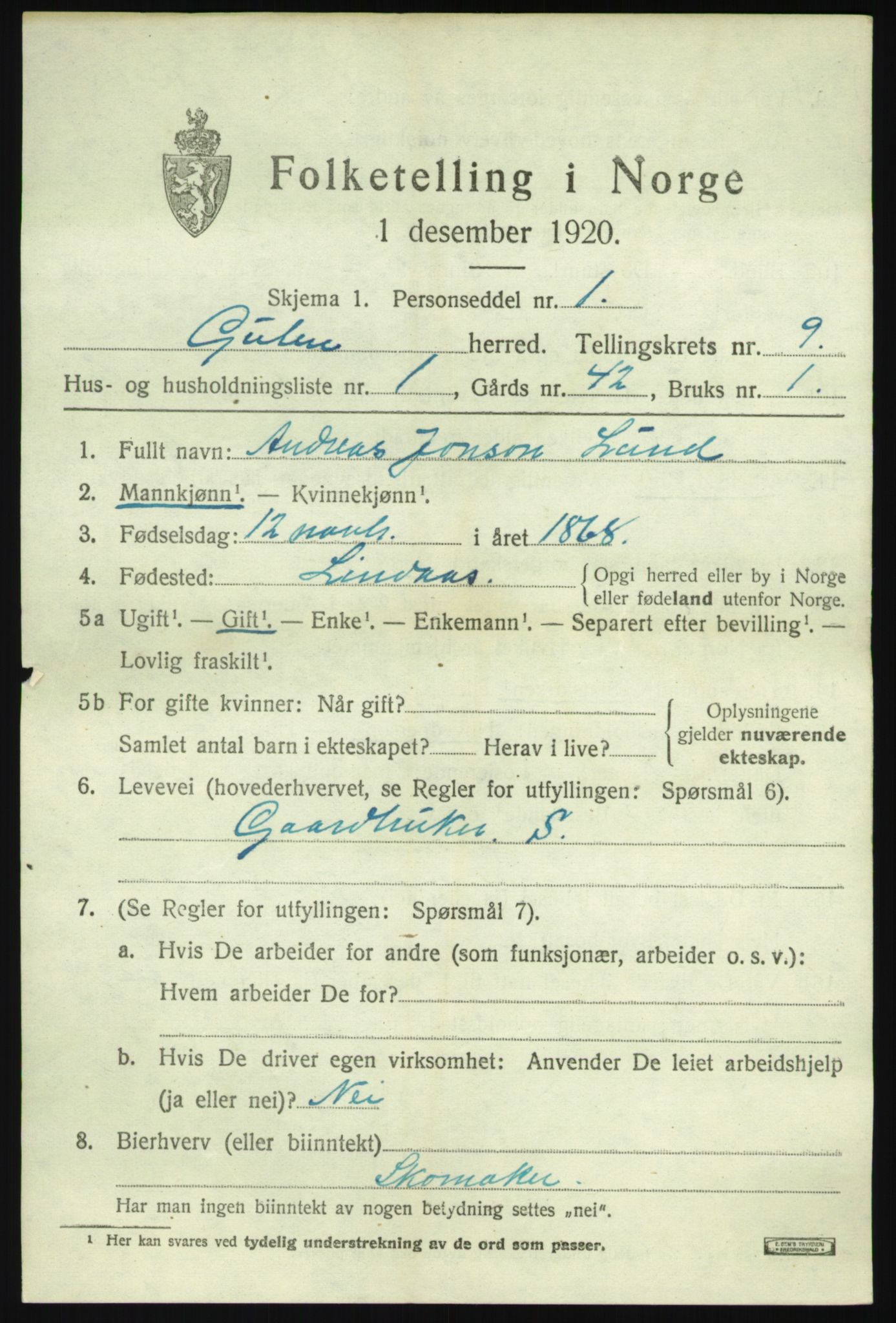 SAB, 1920 census for Gulen, 1920, p. 3877