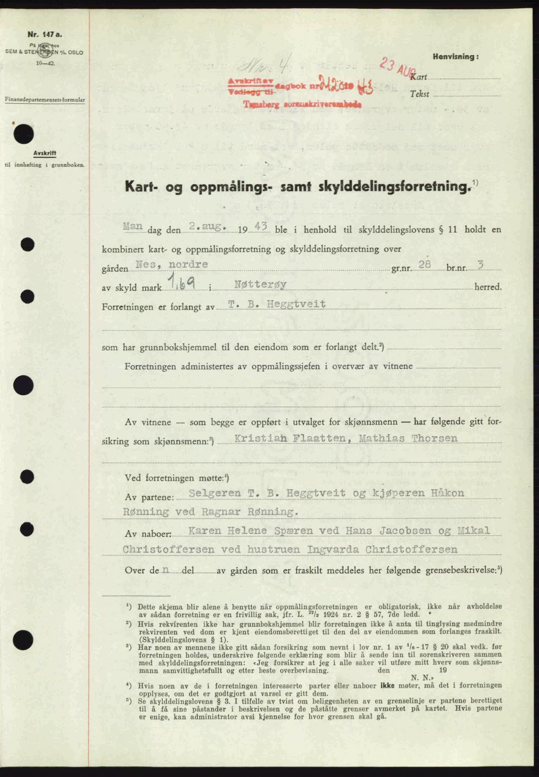 Tønsberg sorenskriveri, AV/SAKO-A-130/G/Ga/Gaa/L0013: Mortgage book no. A13, 1943-1943, Diary no: : 2120/1943