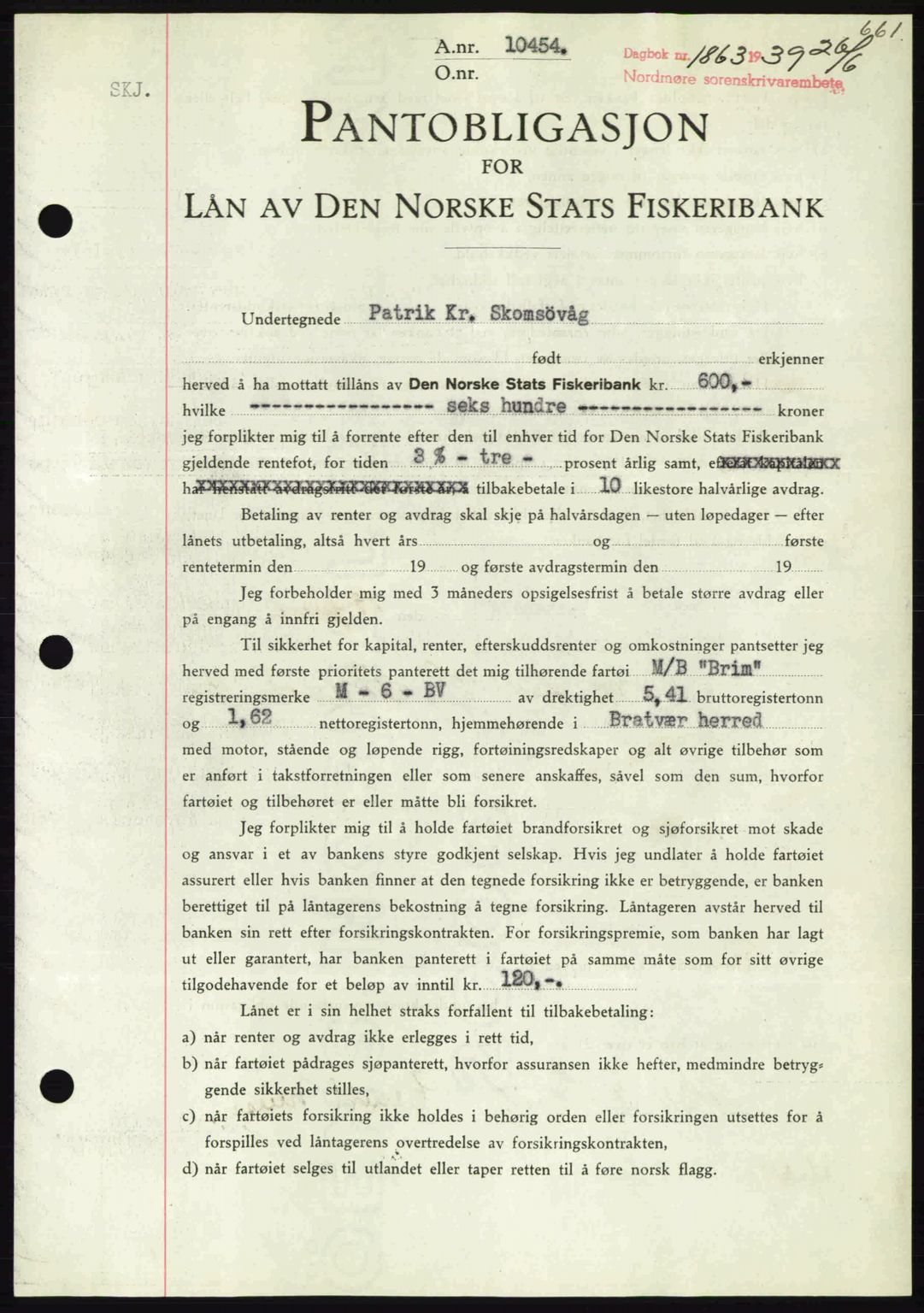 Nordmøre sorenskriveri, AV/SAT-A-4132/1/2/2Ca: Mortgage book no. B85, 1939-1939, Diary no: : 1863/1939