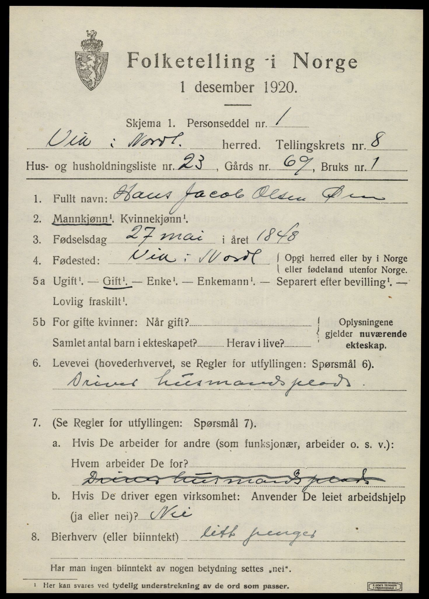 SAT, 1920 census for Vik, 1920, p. 5487