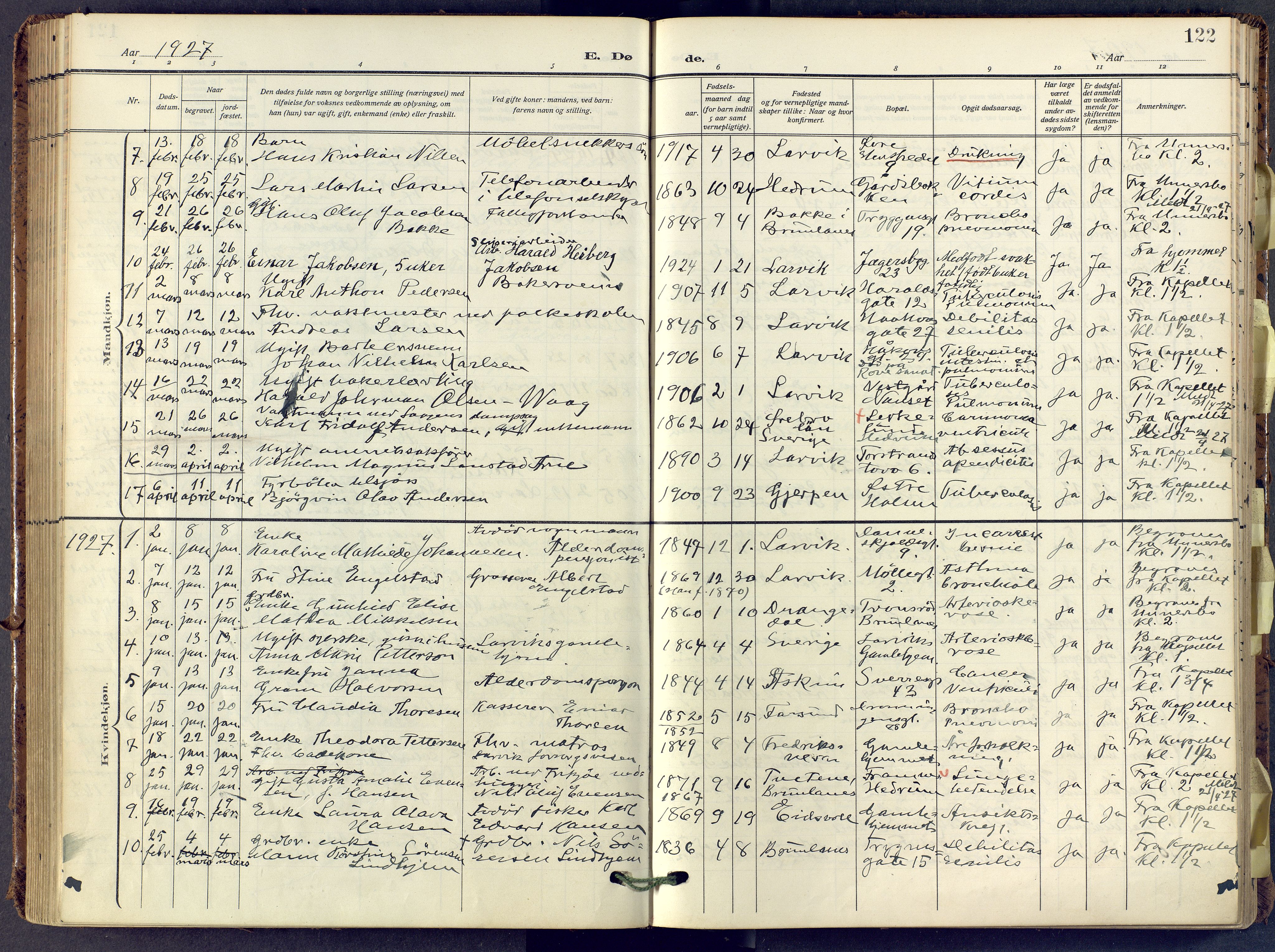Larvik kirkebøker, SAKO/A-352/F/Fa/L0013: Parish register (official) no. I 13, 1910-1960, p. 122